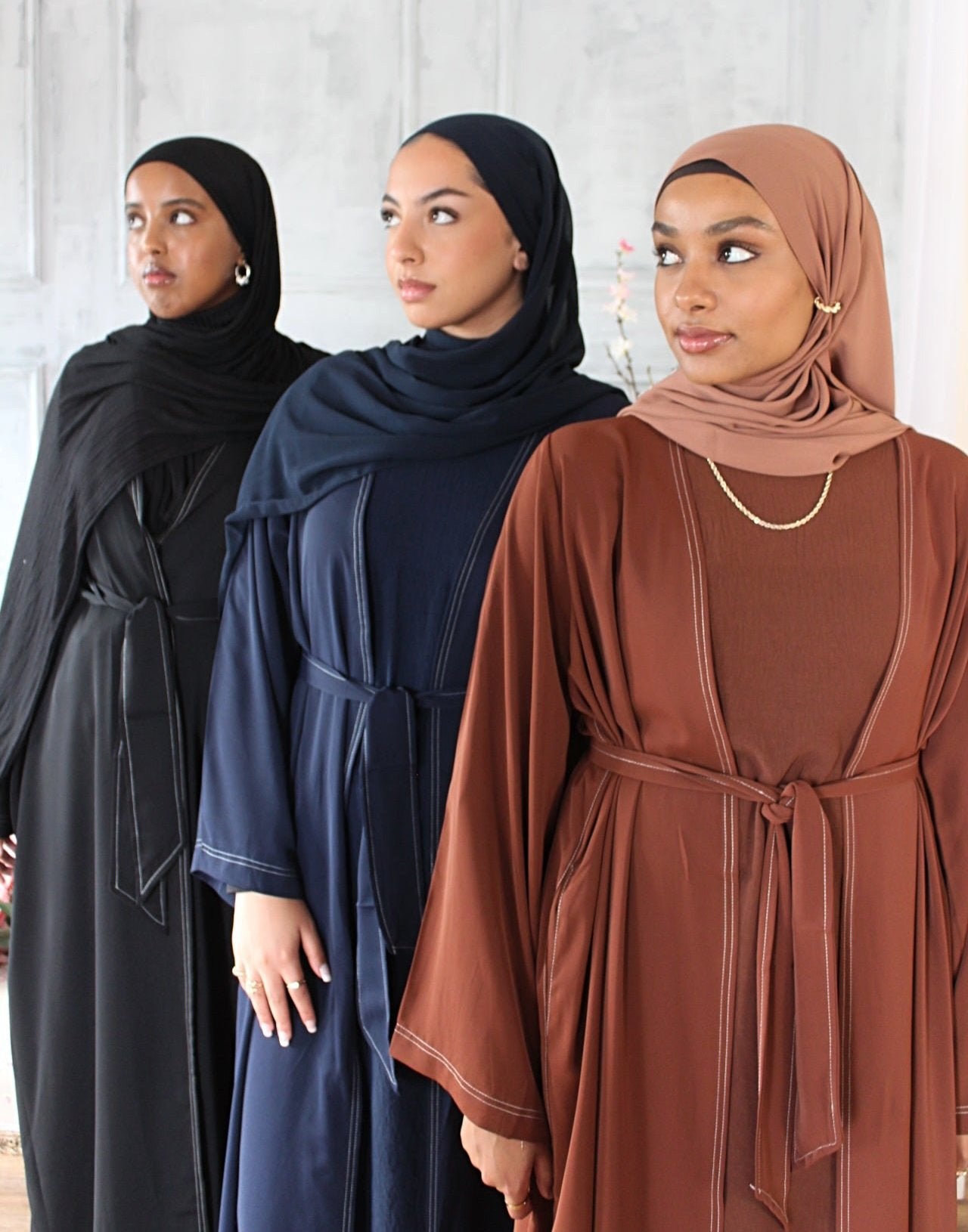 Navy Contrast Stitch Dubai Fabric Open Abaya