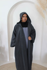 Load image into Gallery viewer, Cool Grey/Blue Felt Hooded Abaya Coat
