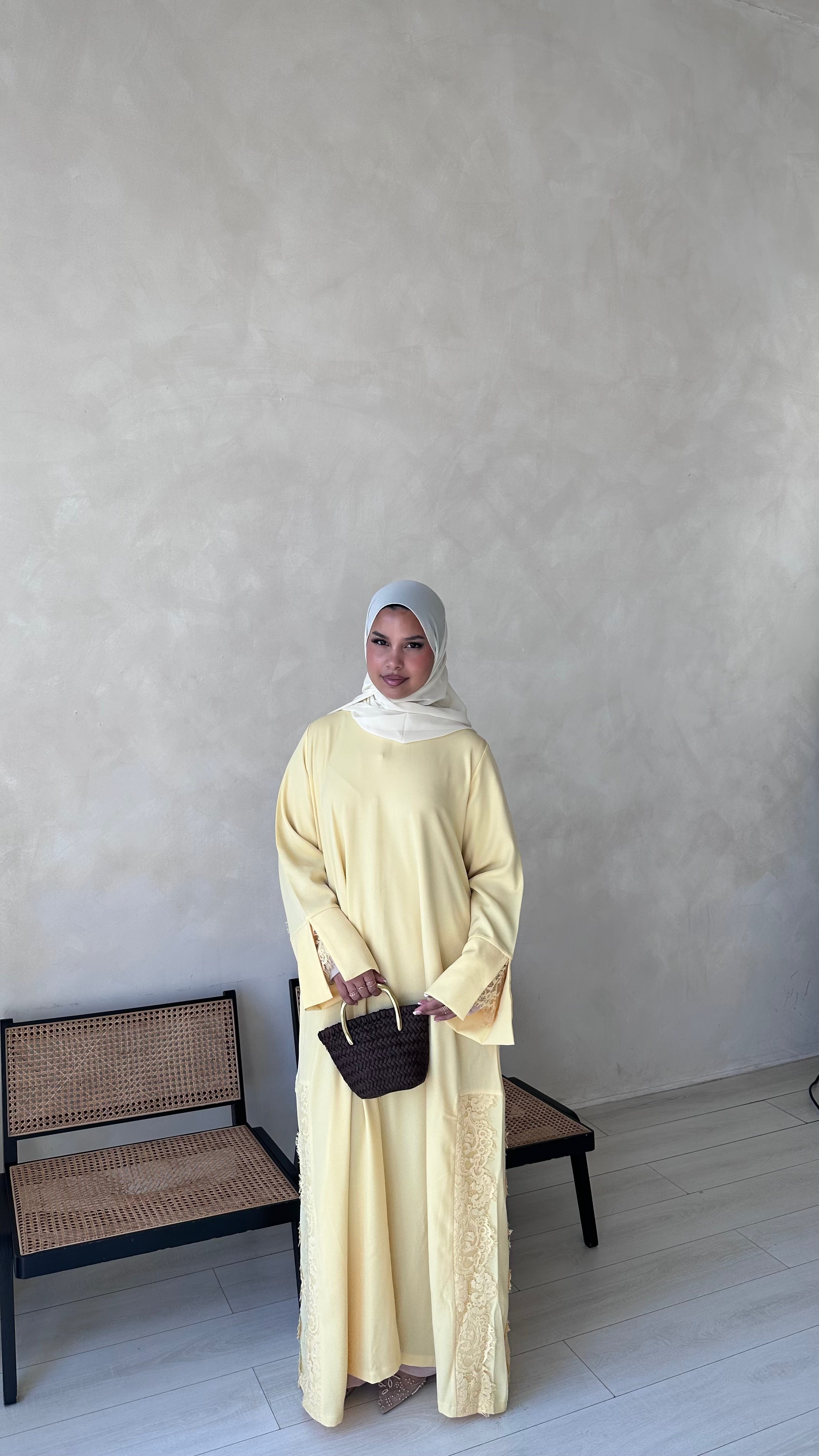 Lace Abaya and Hijab Set- Butter yellow