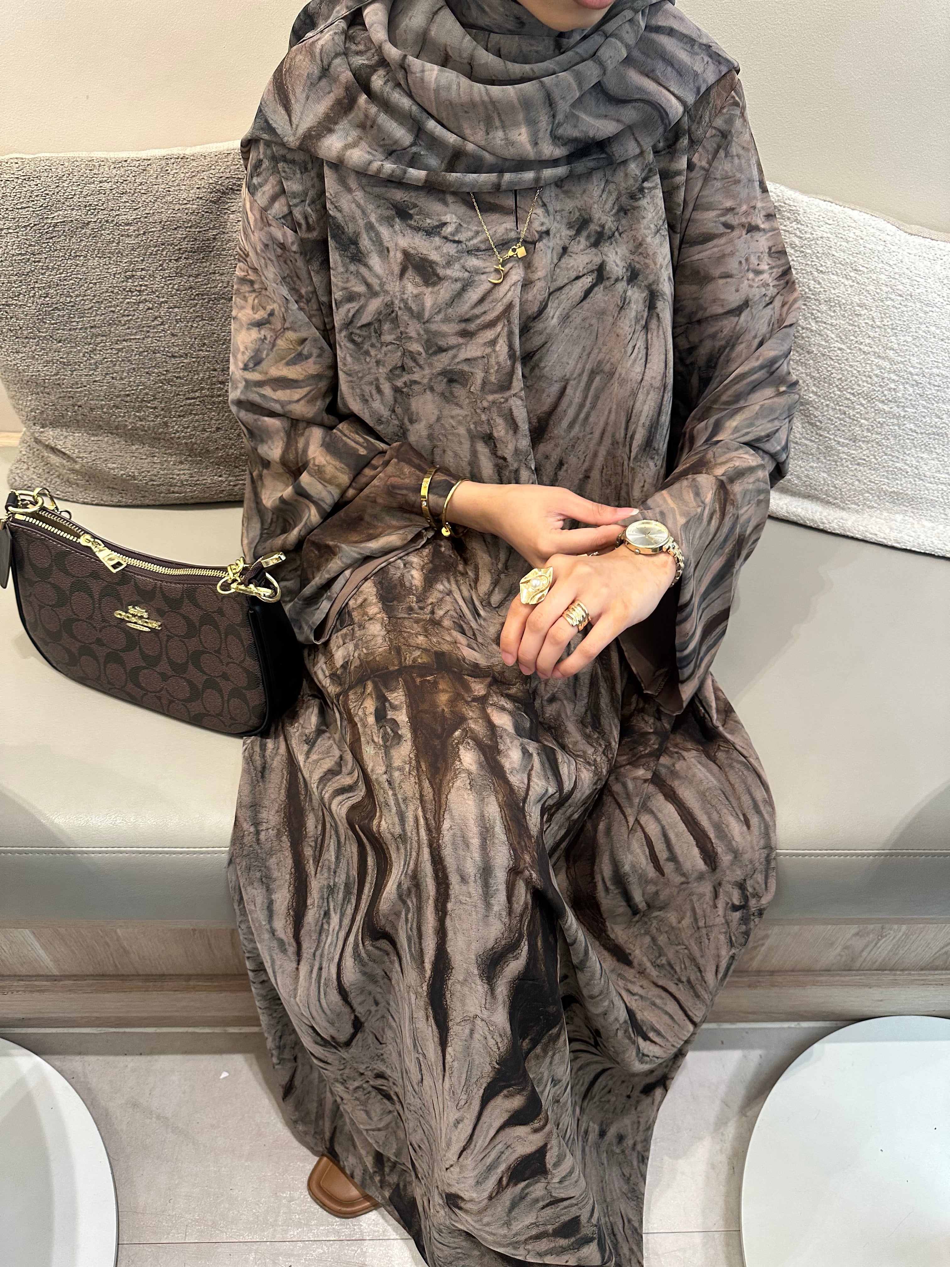 Printed Chiffon Abaya Set (Closed) - Mocha/Brown