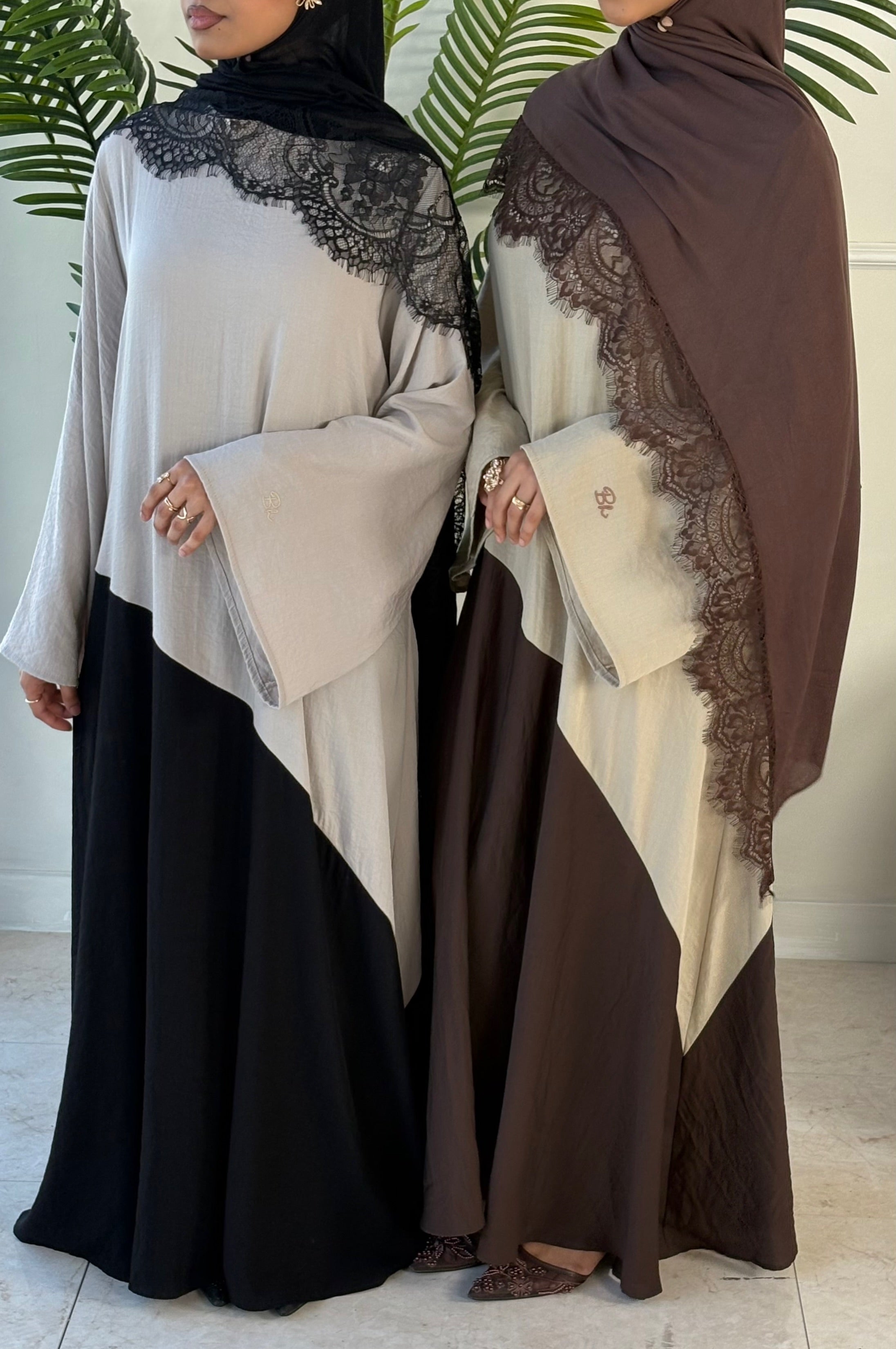 Two Tone Dress Abaya - Beige/Brown
