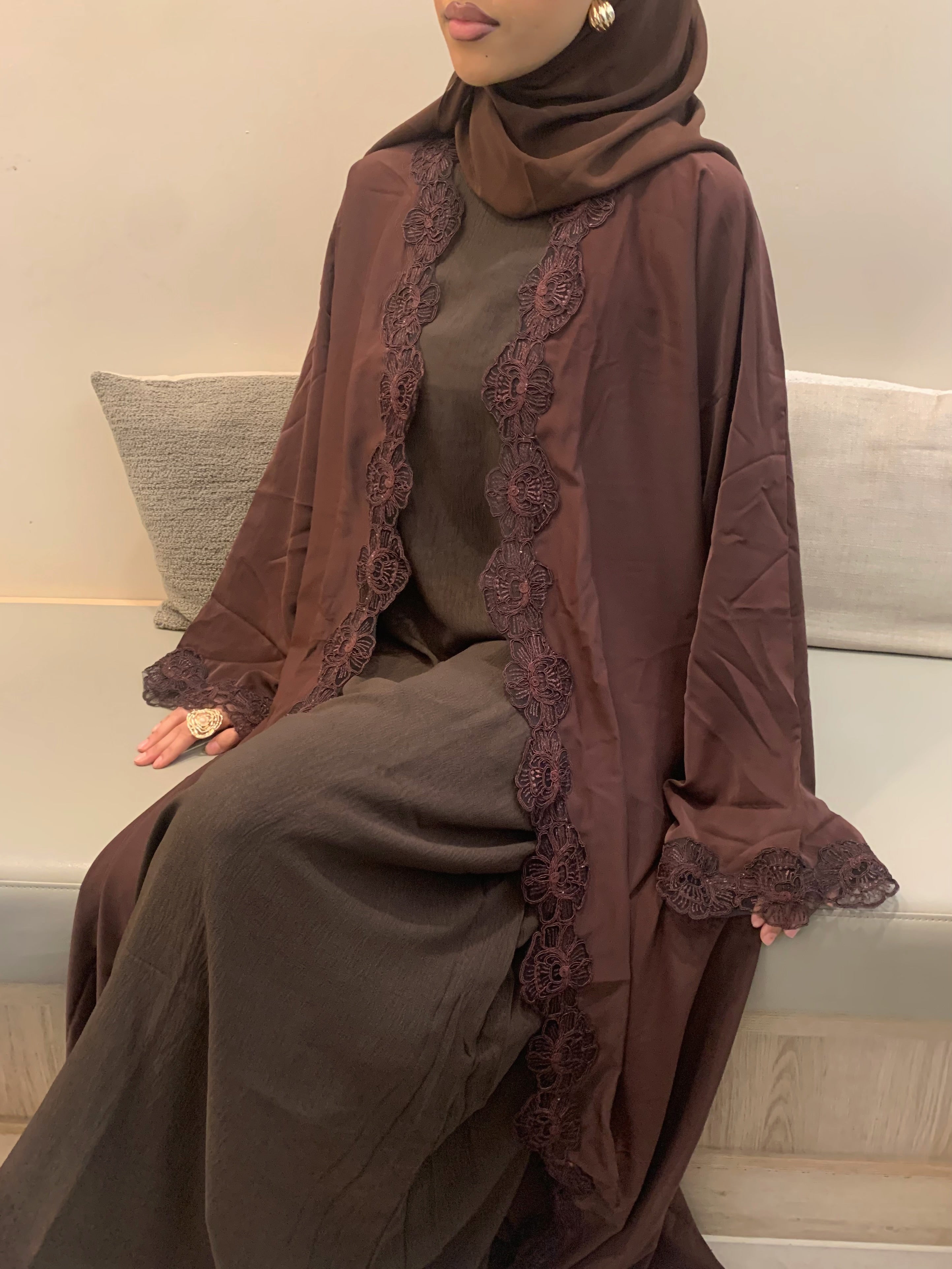 Lace Abaya Set - Brown