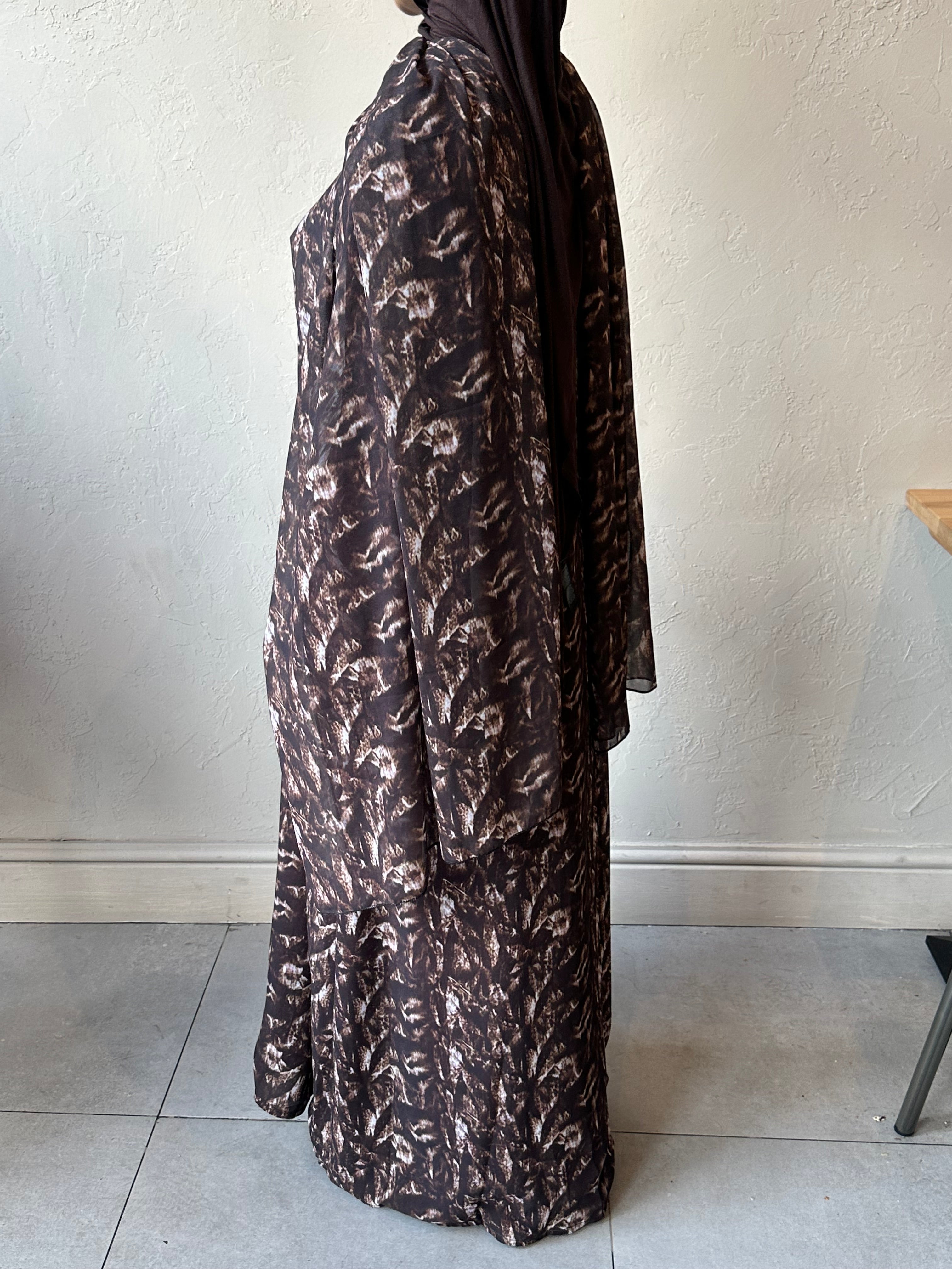 Printed Chiffon Abaya Set (Open) - Black/Brown