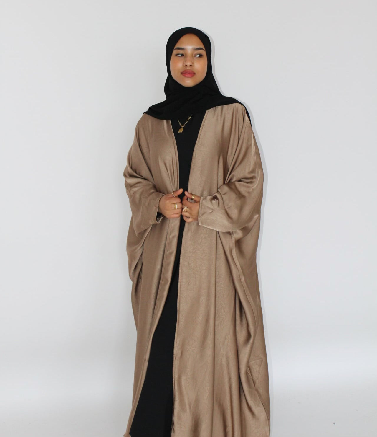 Habiba Pale Brown Satin Open Farasha Abaya