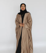 Load image into Gallery viewer, Habiba Pale Brown Satin Open Abaya
