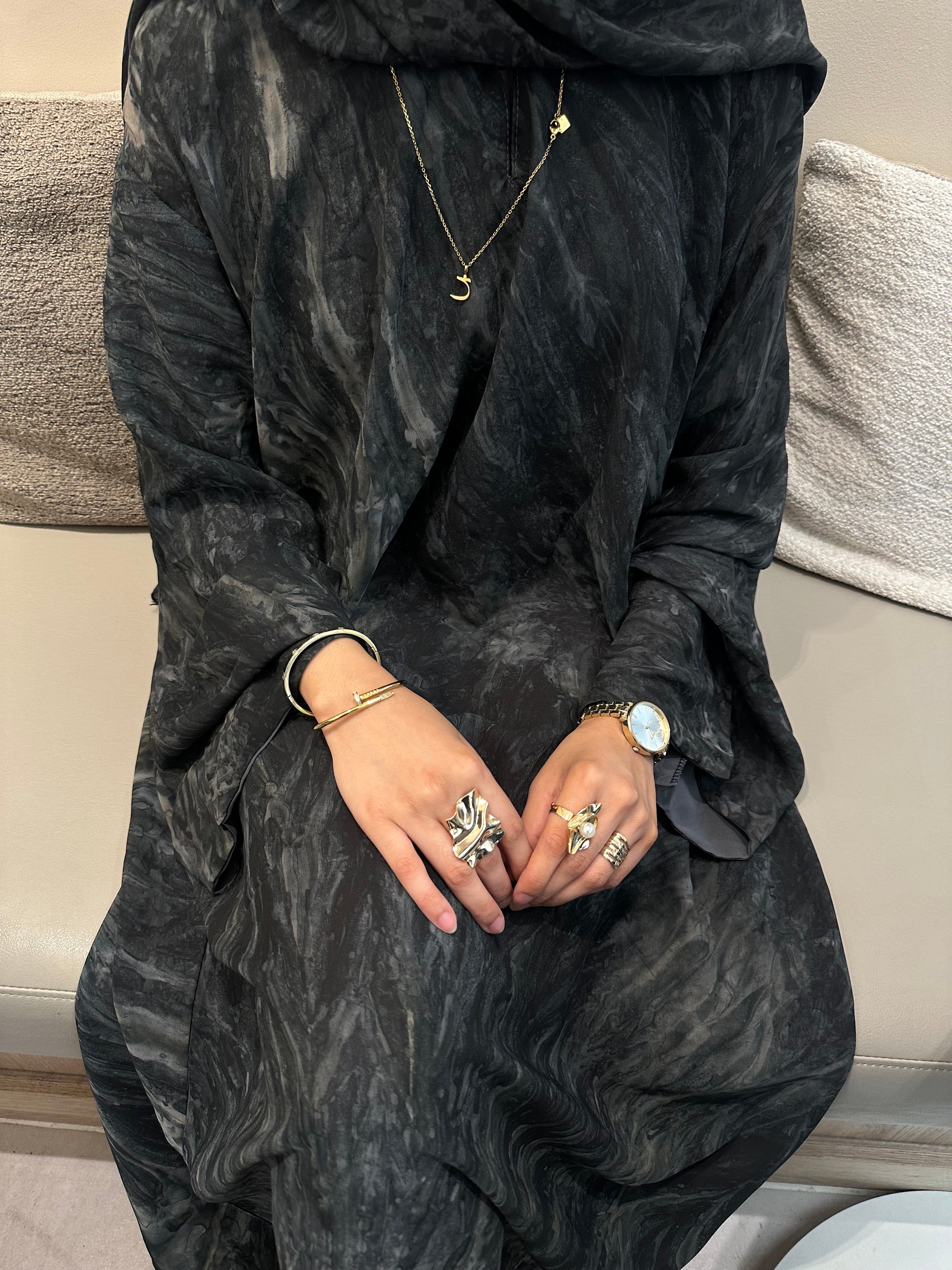Printed Chiffon Abaya Set (Closed) - Charcoal Black