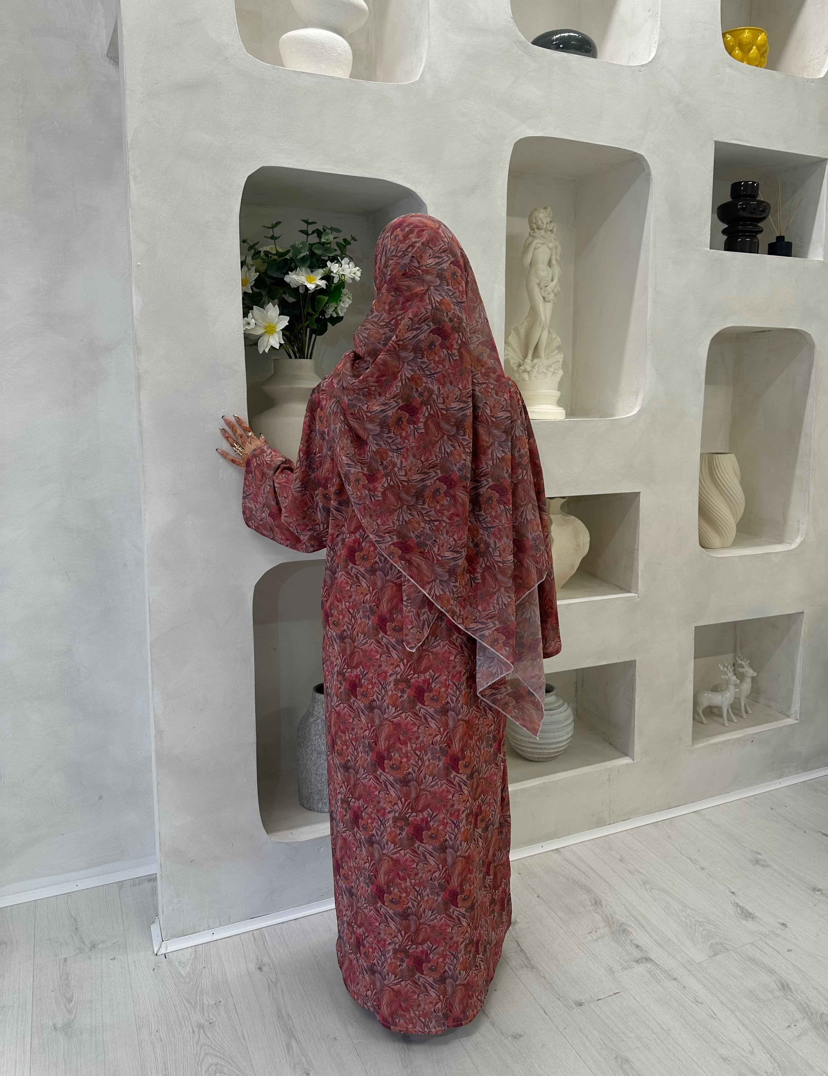 Pink Printed Floral Abaya Set