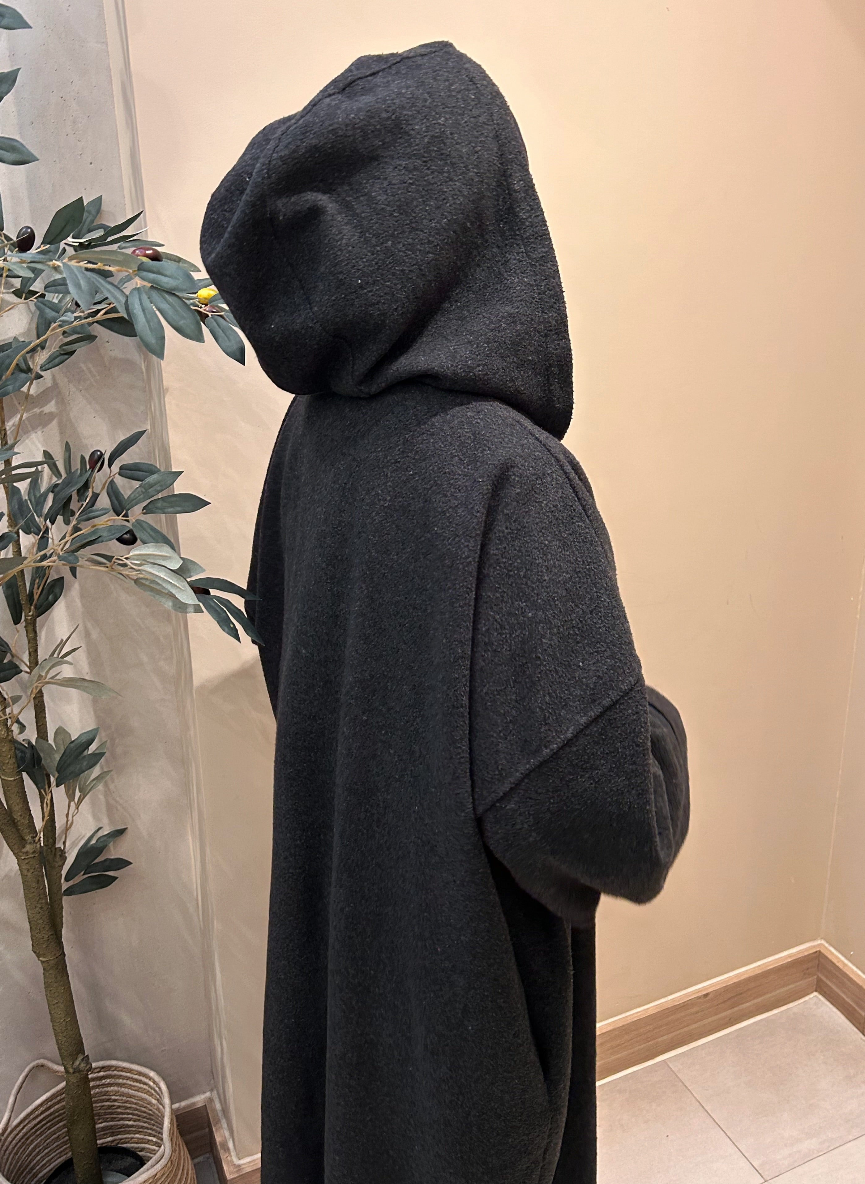 Hooded Blended Charcoal Black Abaya Coat