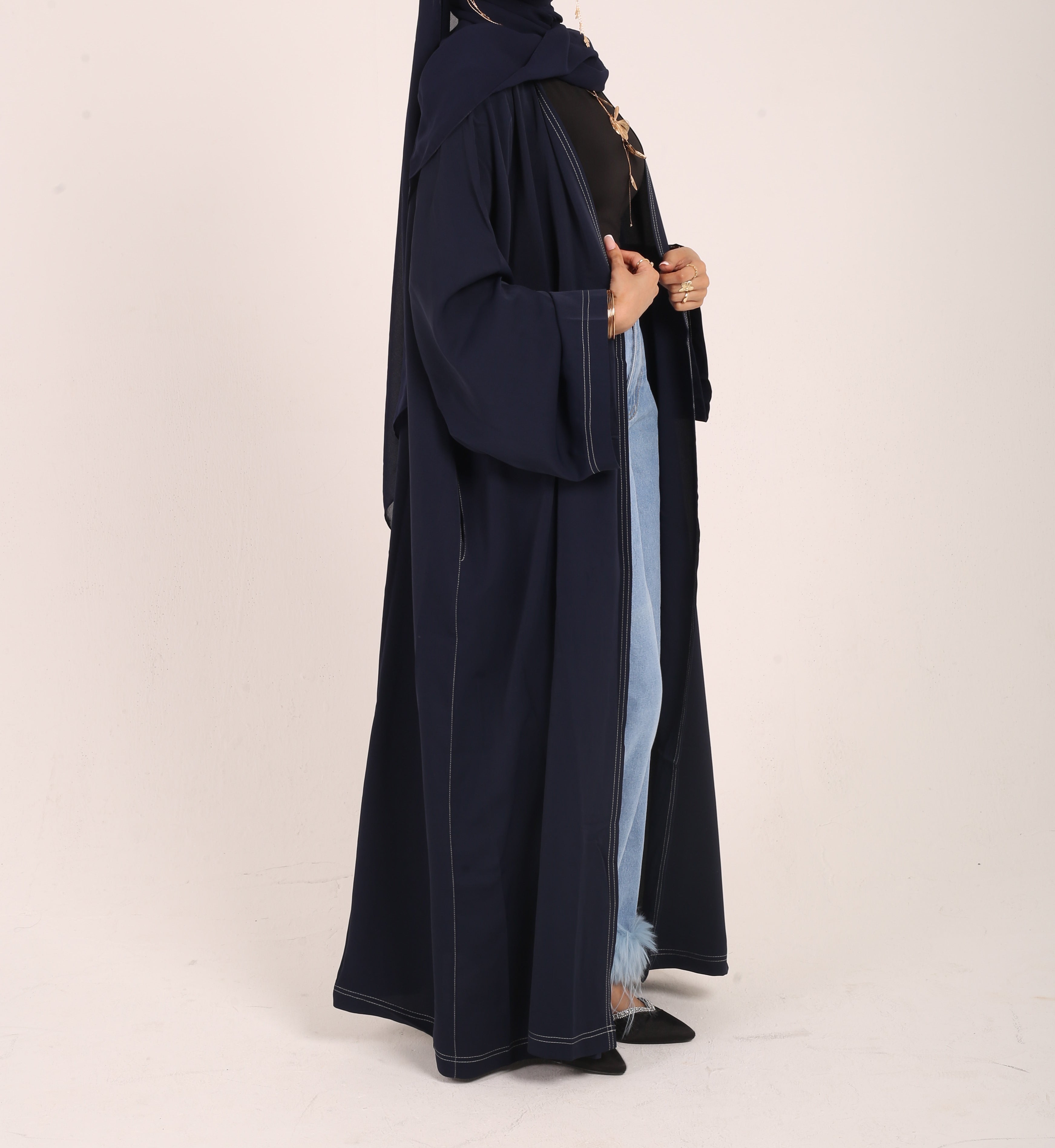 Navy Contrast Stitch Dubai Fabric Open Abaya