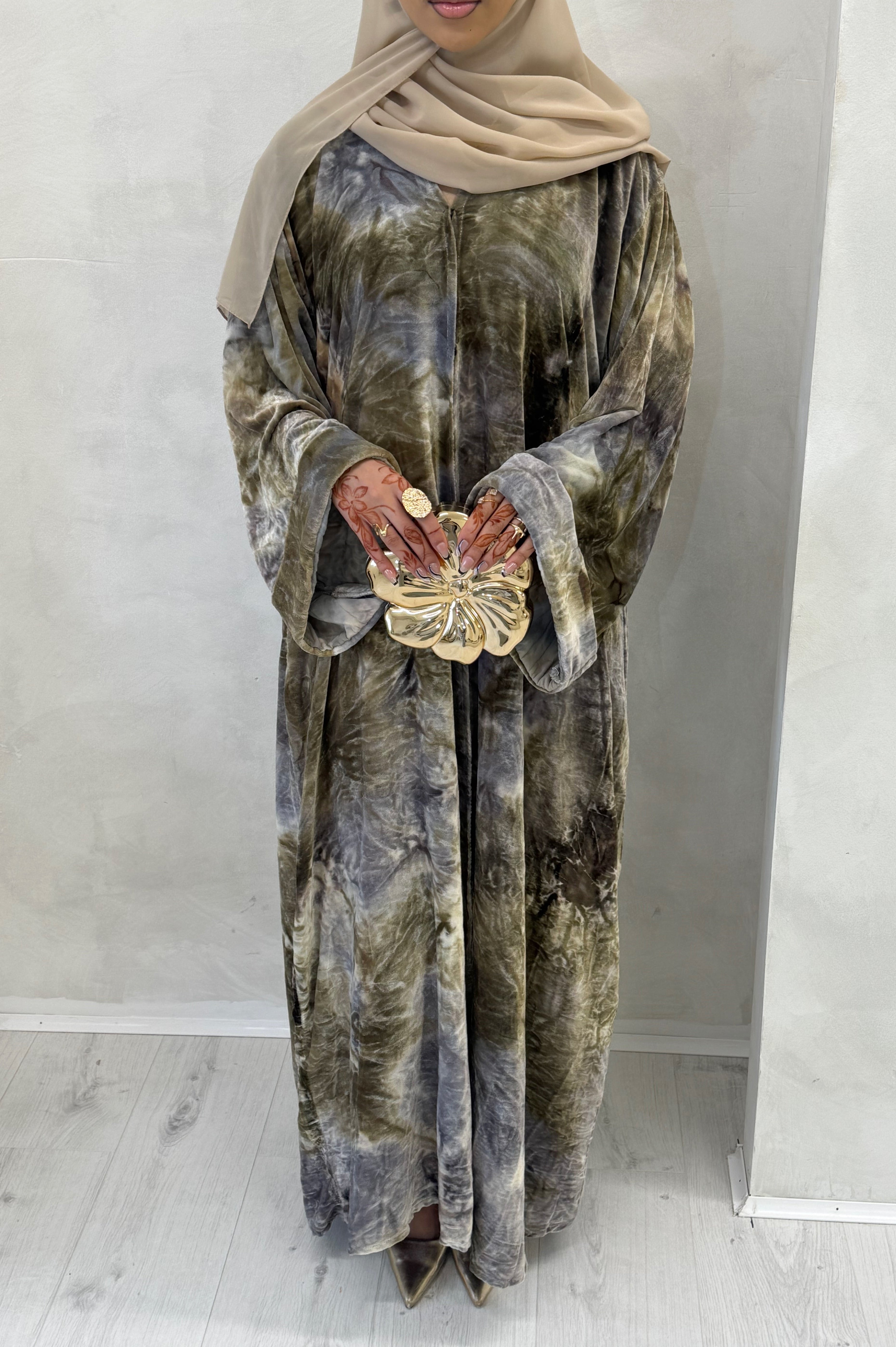 Neutral Printed Velvet Abaya