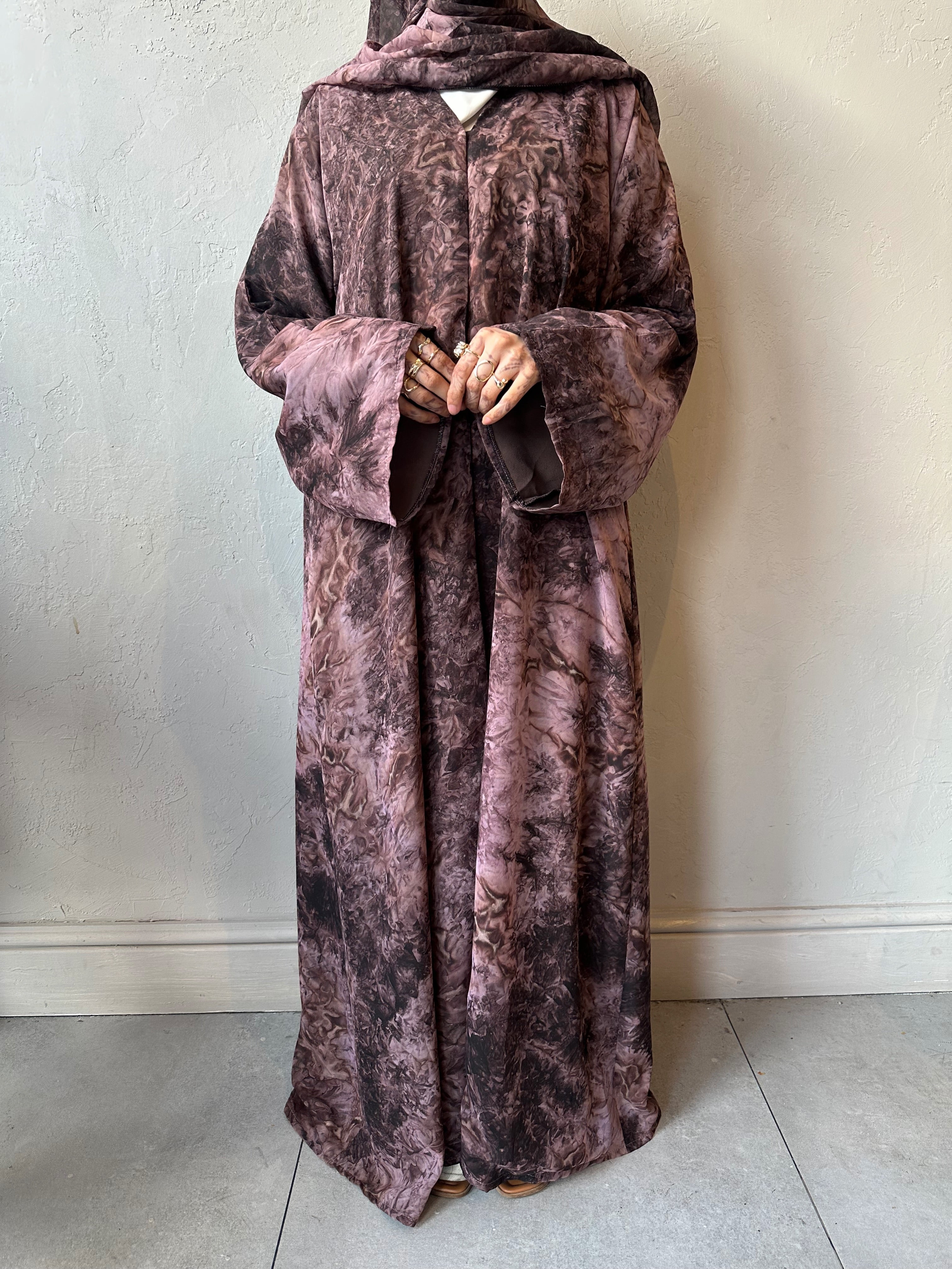 Printed Chiffon Abaya Set (Open) - Pink/Brown
