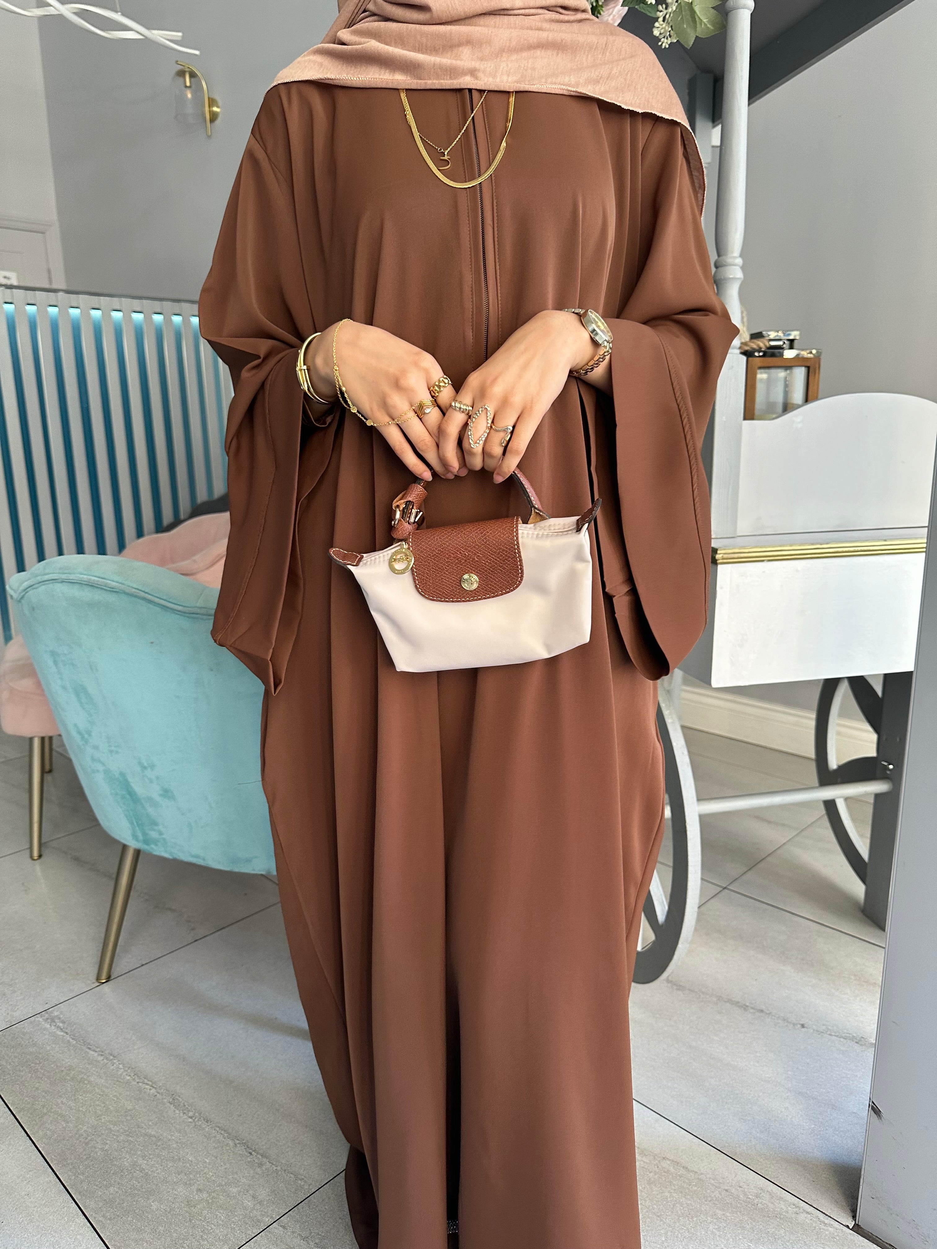 Brown Dubai Fabric Closed Abaya with Zip