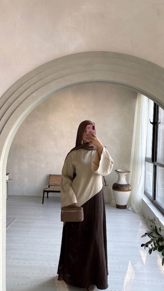 Two Tone Dress Abaya - Beige/Brown