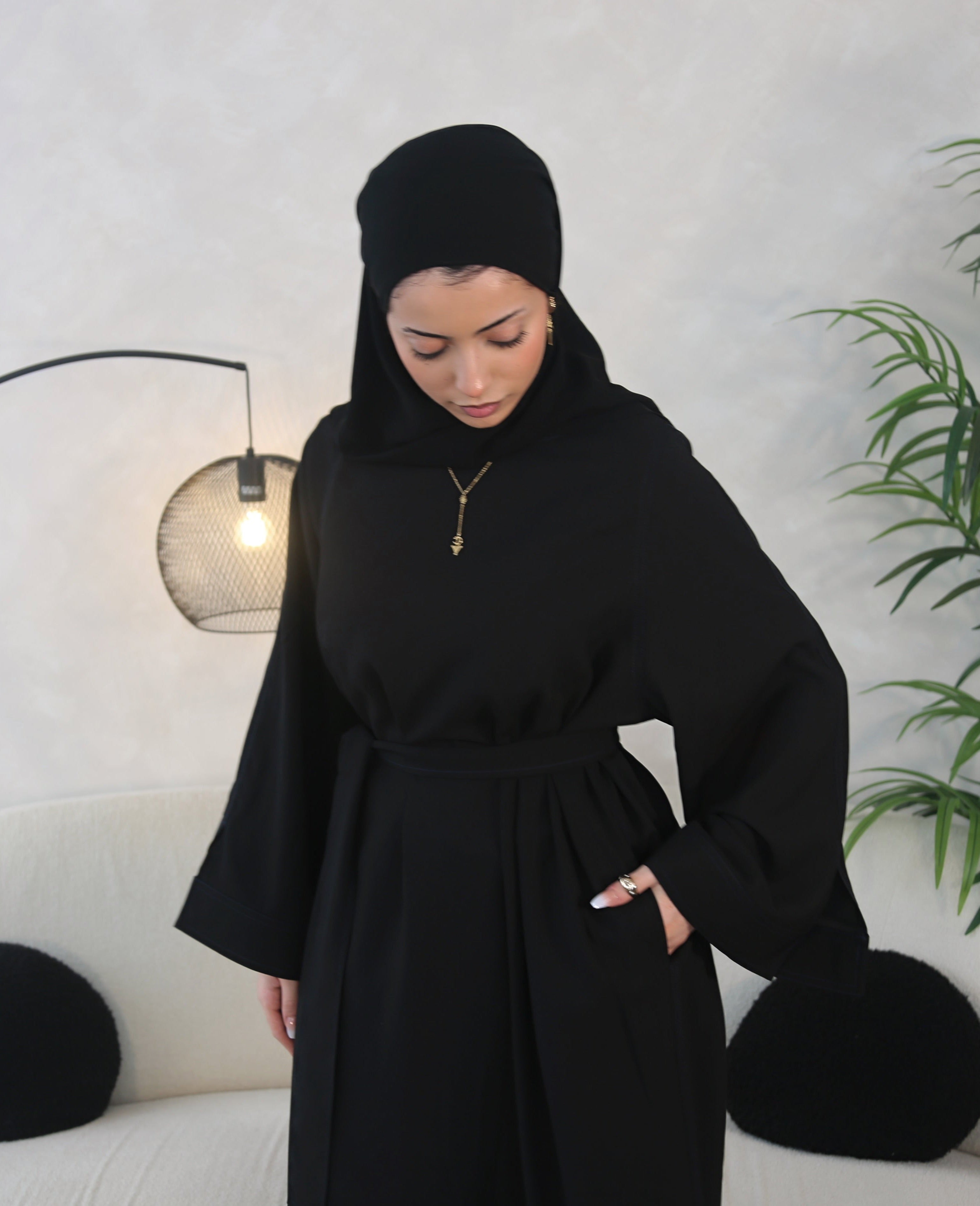 Black Yasmin Closed Abaya with Navy Contrast Stitching