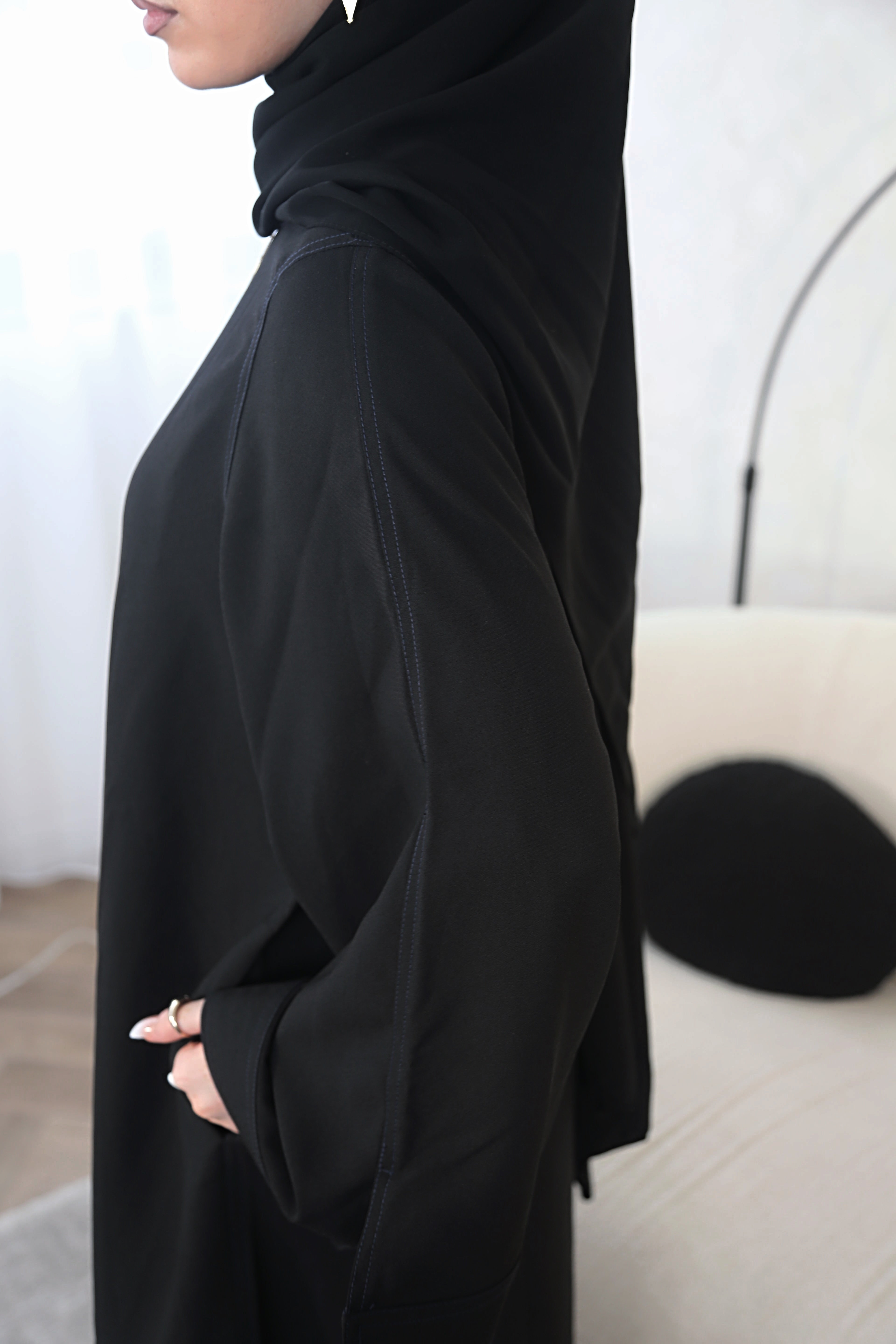 Black Yasmin Closed Abaya with Navy Contrast Stitching