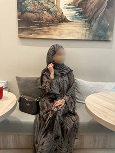 Printed Chiffon Abaya Set (Closed) - Mocha/Brown