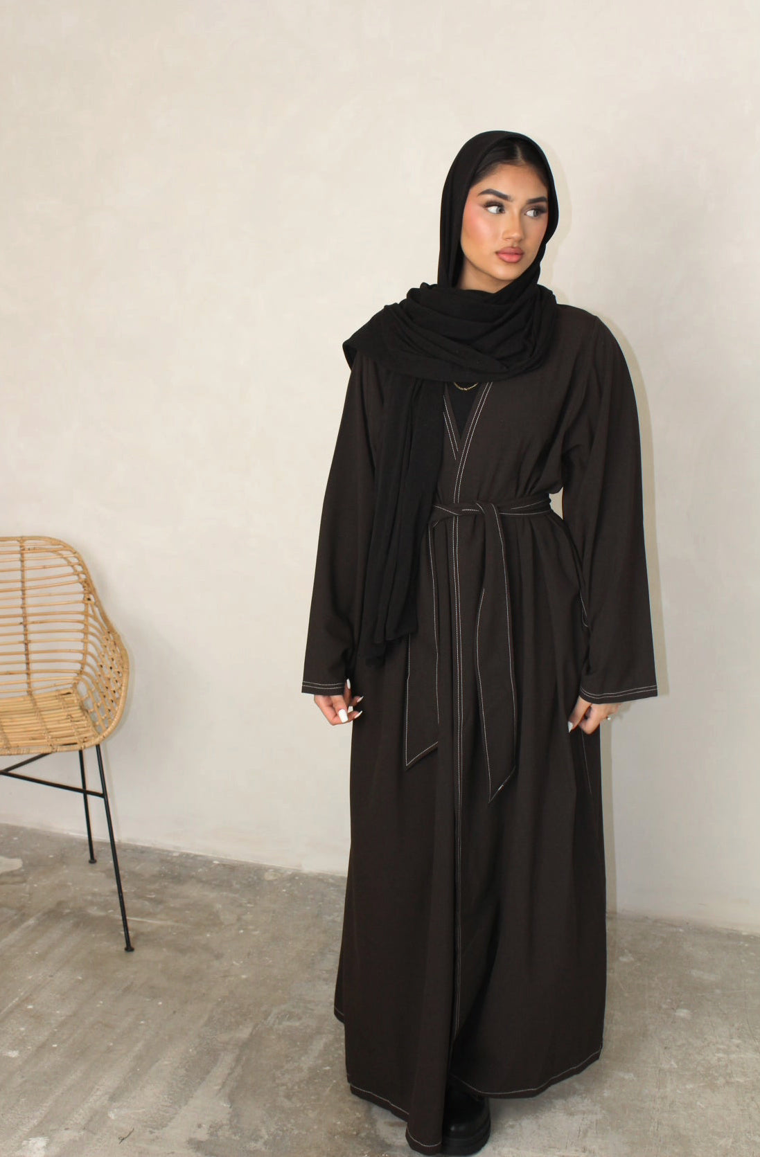 Dark Brown Contrast Stitch Open Abaya