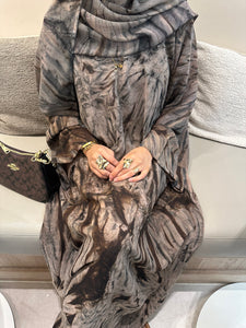 Printed Chiffon Abaya Set (Closed) - Mocha/Brown