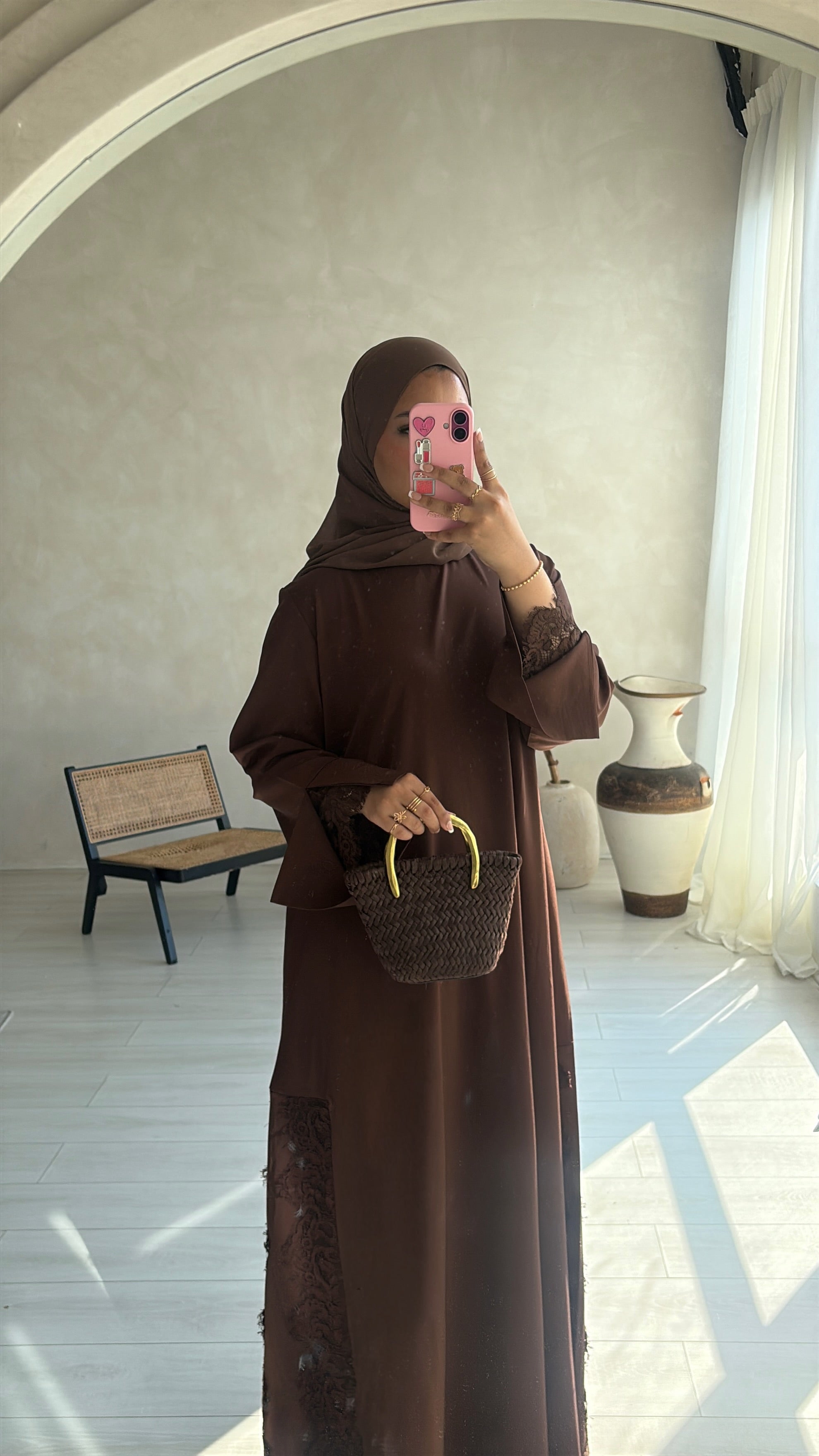 Lace Abaya and Hijab Set- Brown