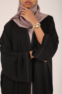 Black Contrast Stitch Dubai Fabric Open Abaya