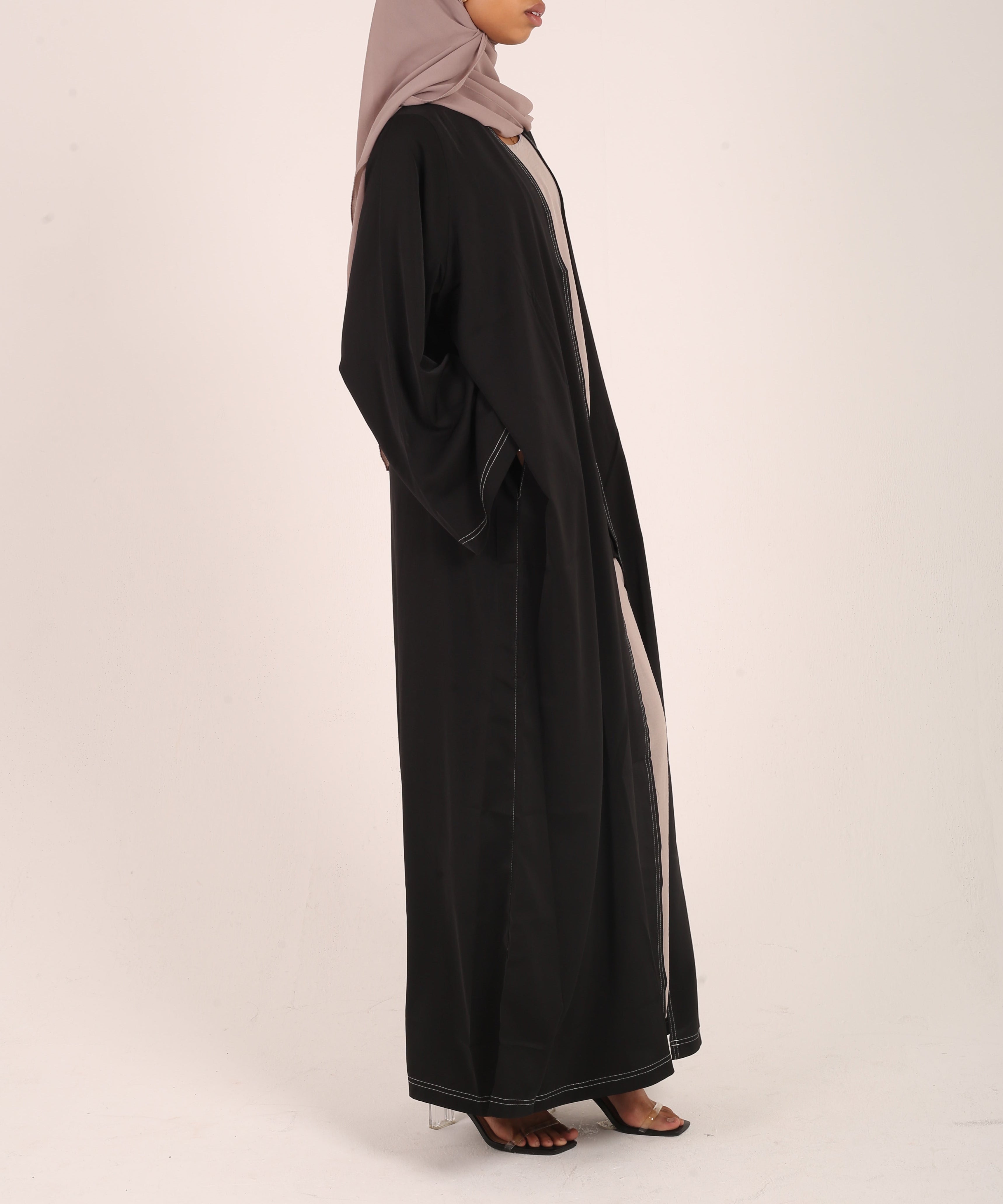 Black Contrast Stitch Dubai Fabric Open Abaya