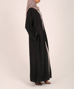 Load image into Gallery viewer, Black Contrast Stitch Dubai Fabric Open Abaya
