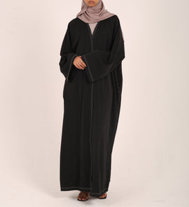 Black Contrast Stitch Dubai Fabric Open Abaya