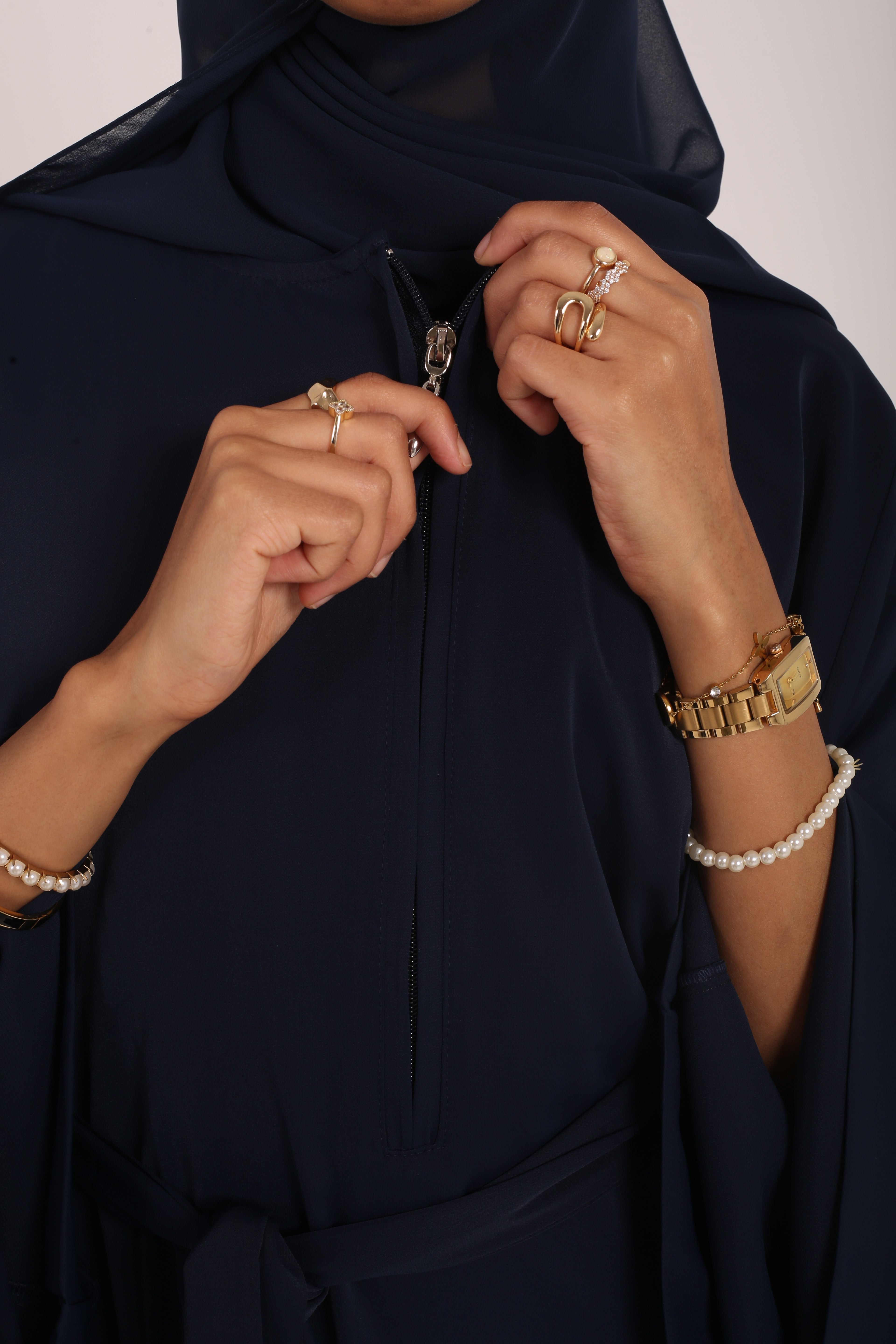Navy Nursing-Friendly Abaya with Zip and Matching Hijab Set