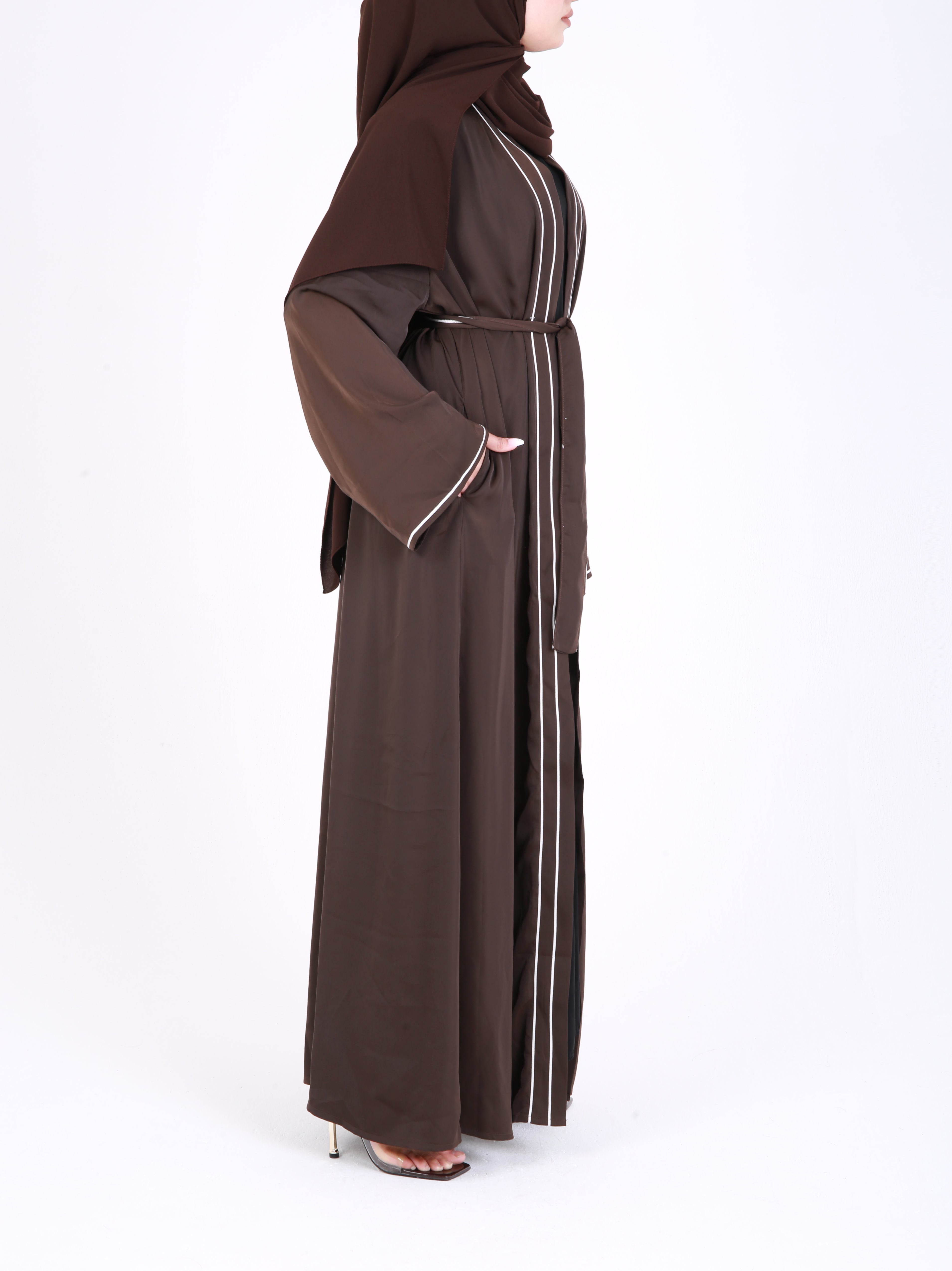 Brown Satin Trim Open Abaya