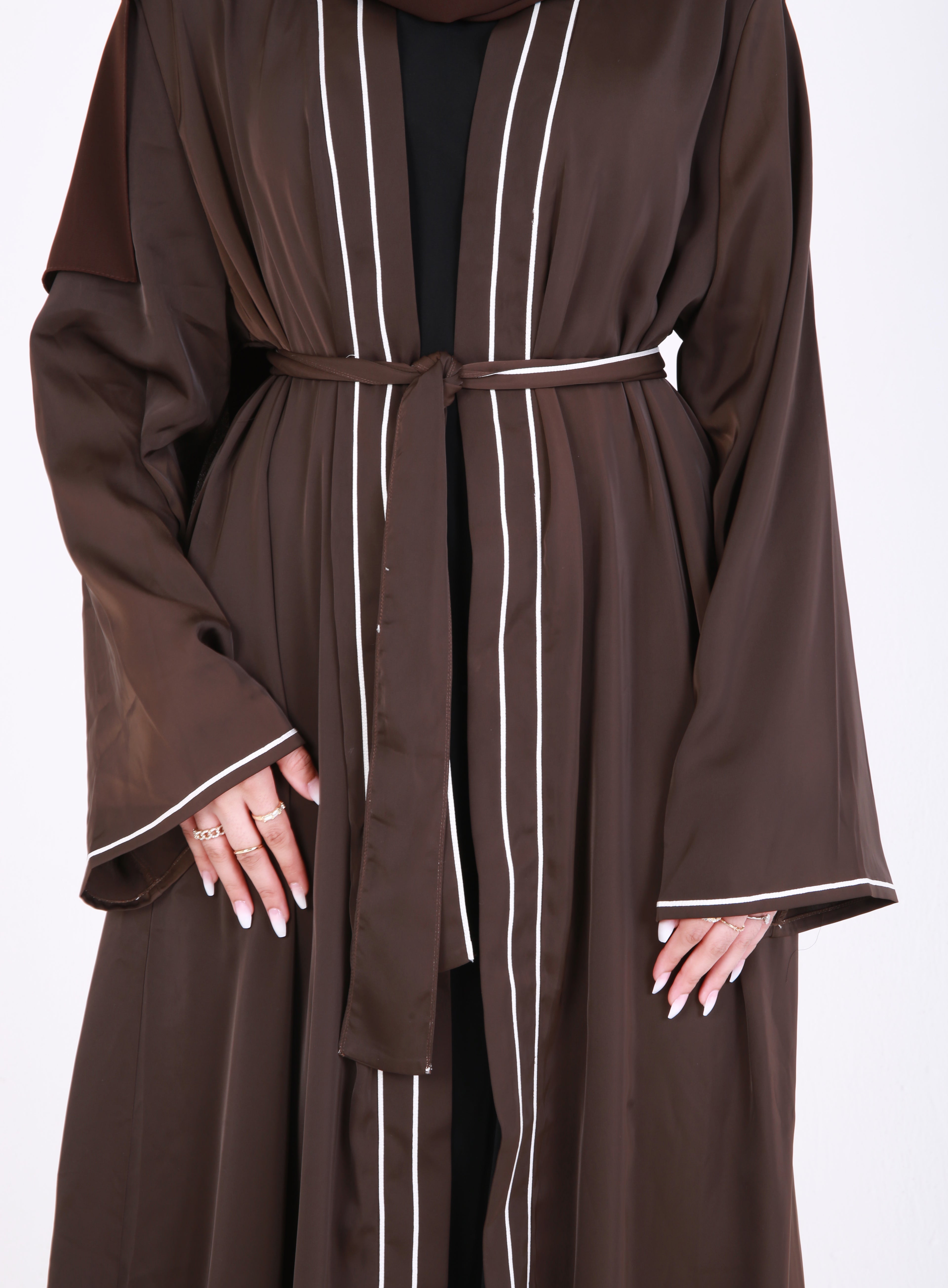 Brown Satin Trim Open Abaya