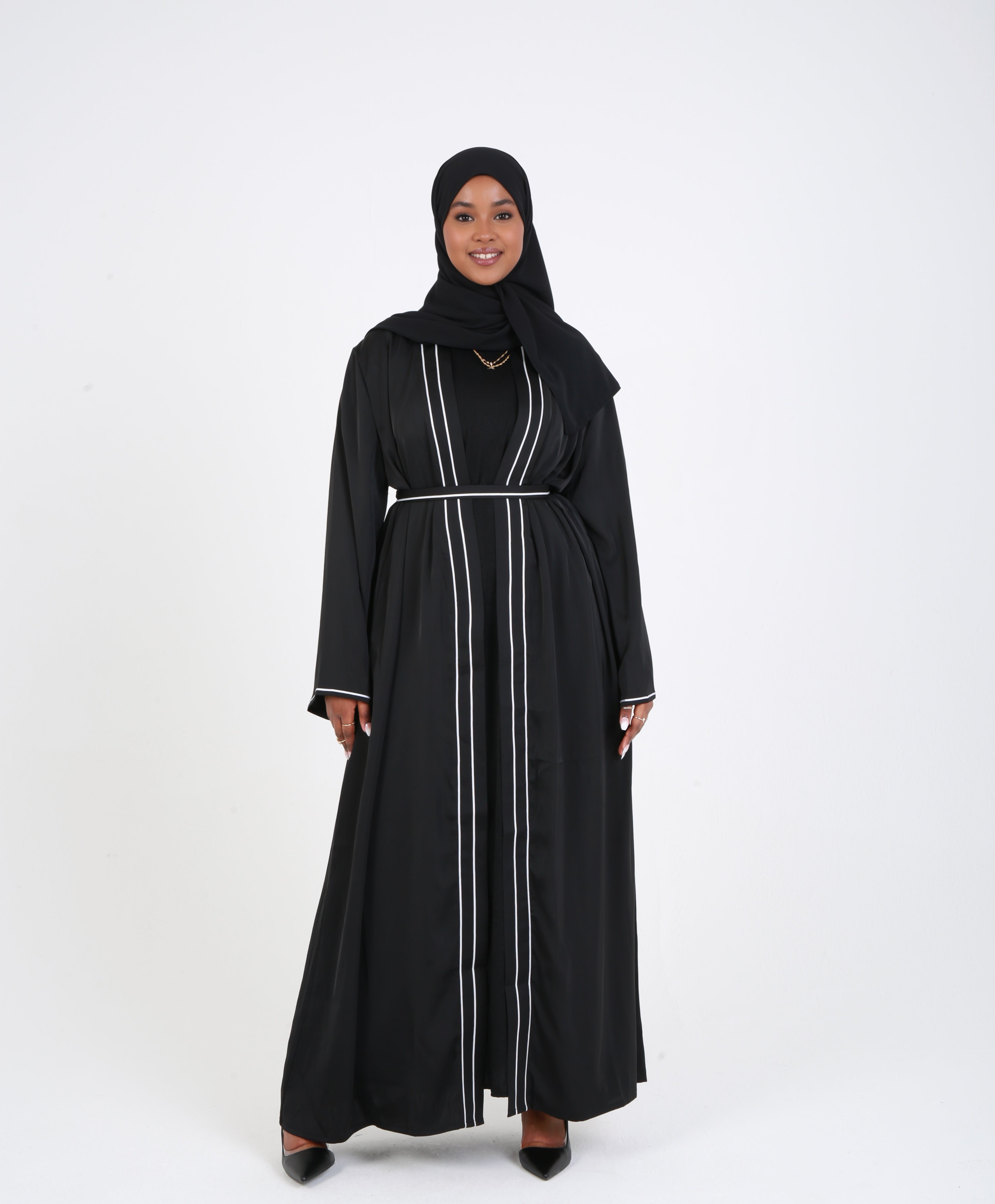 Black Satin Trim Open Abaya