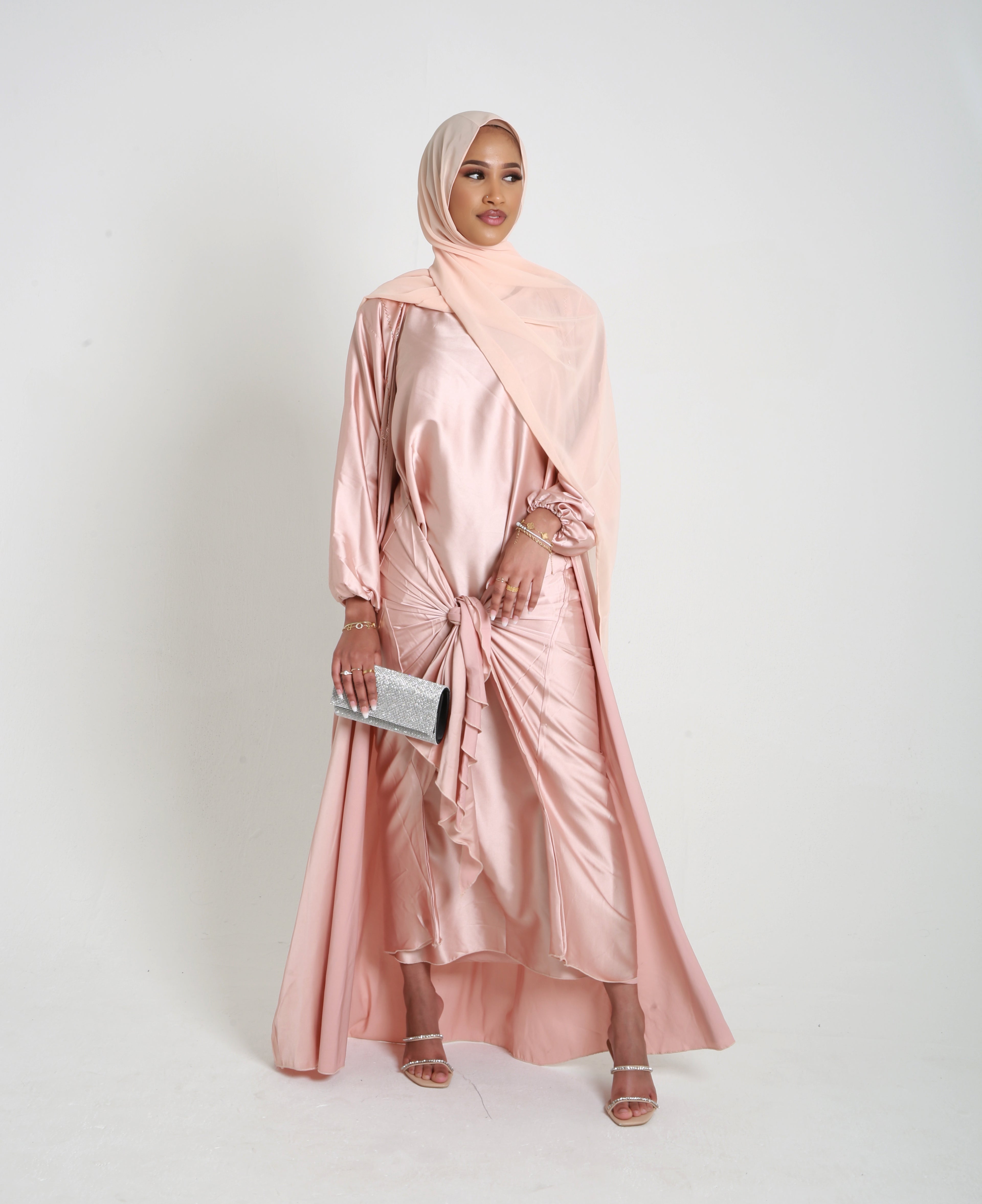 Peach Open Satin Abaya Set