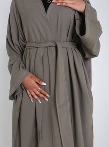 Olive Contrast Stitch Open Abaya