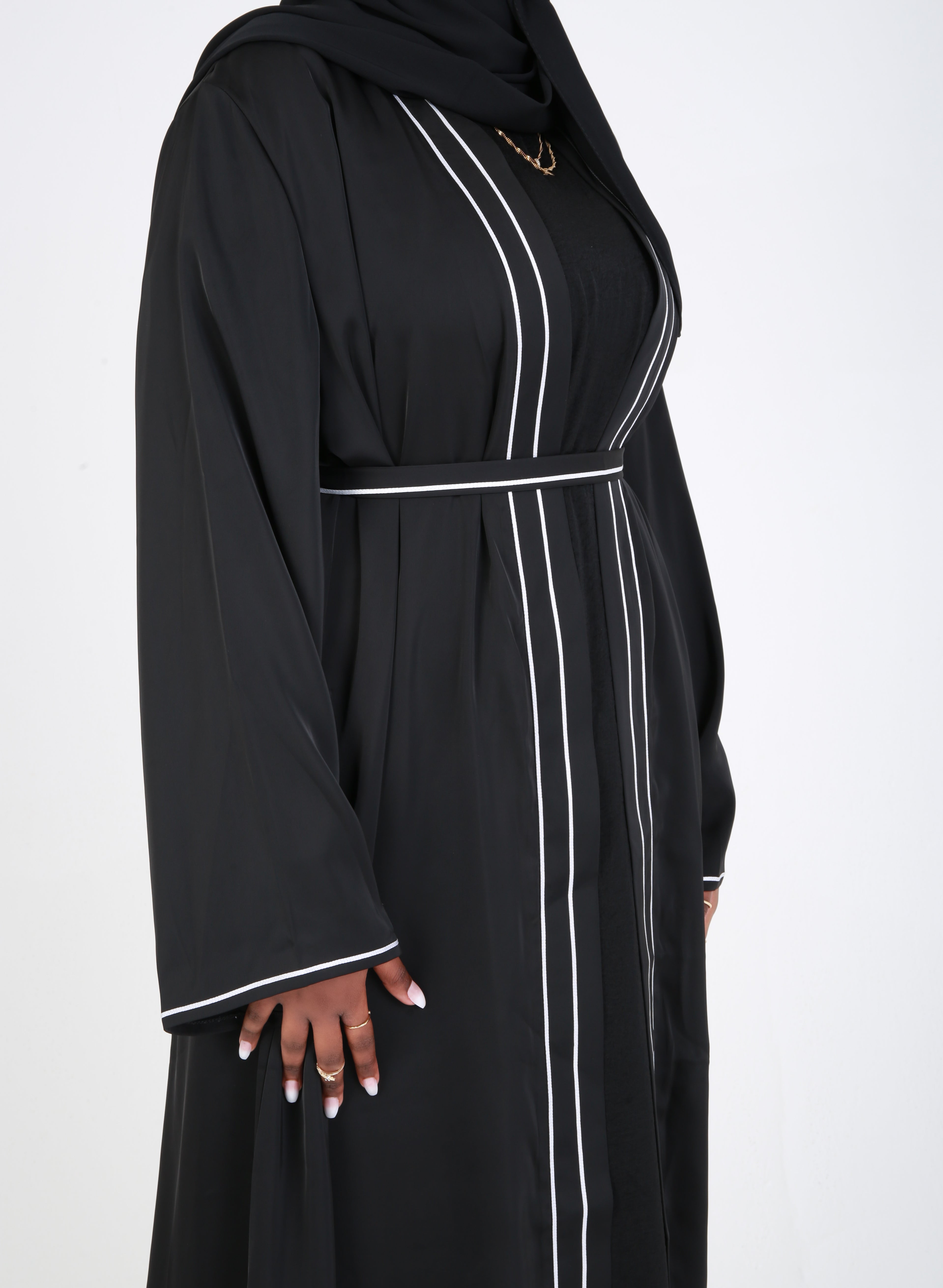 Black Satin Trim Open Abaya