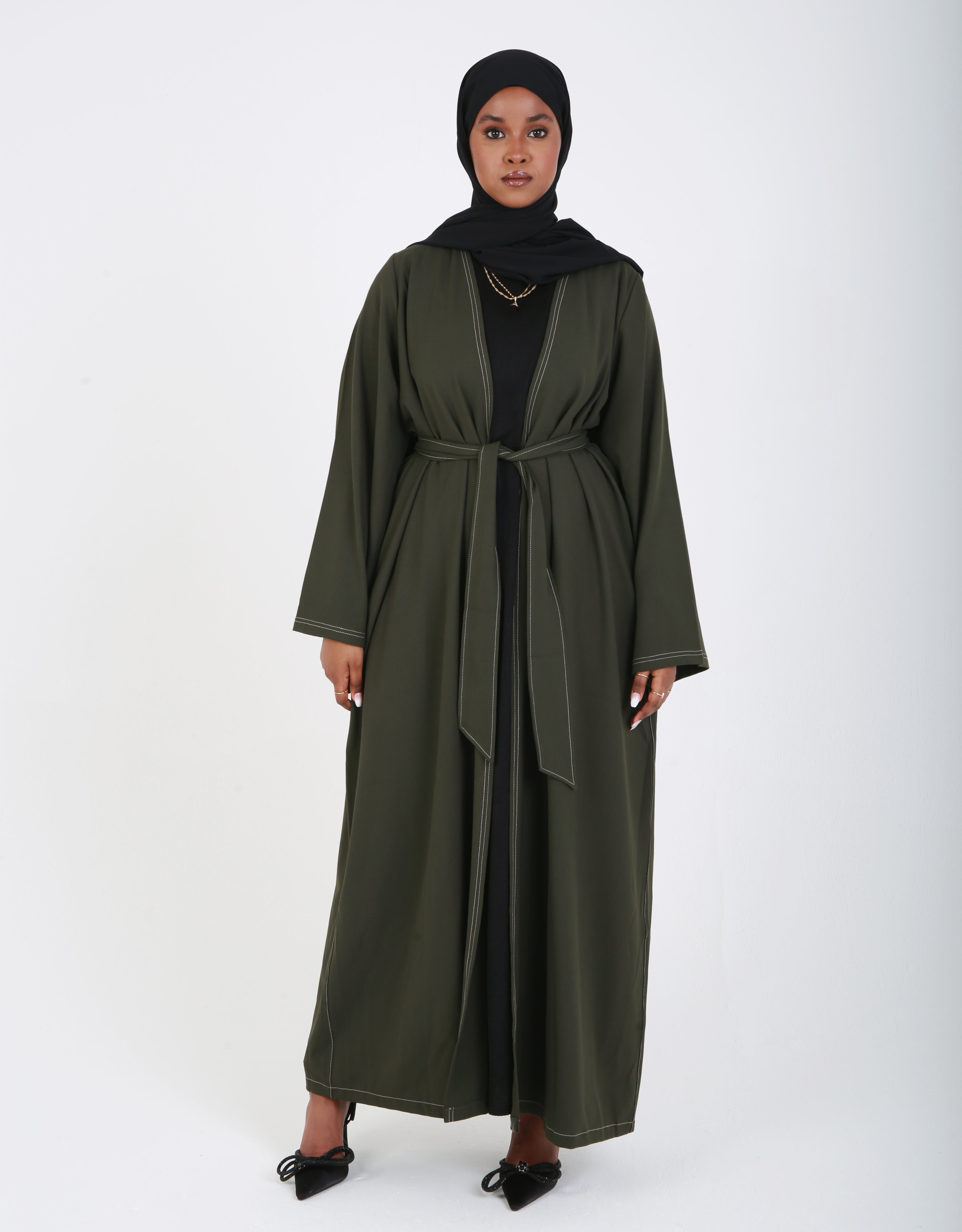 Dark Green Contrast Stitch Open Abaya