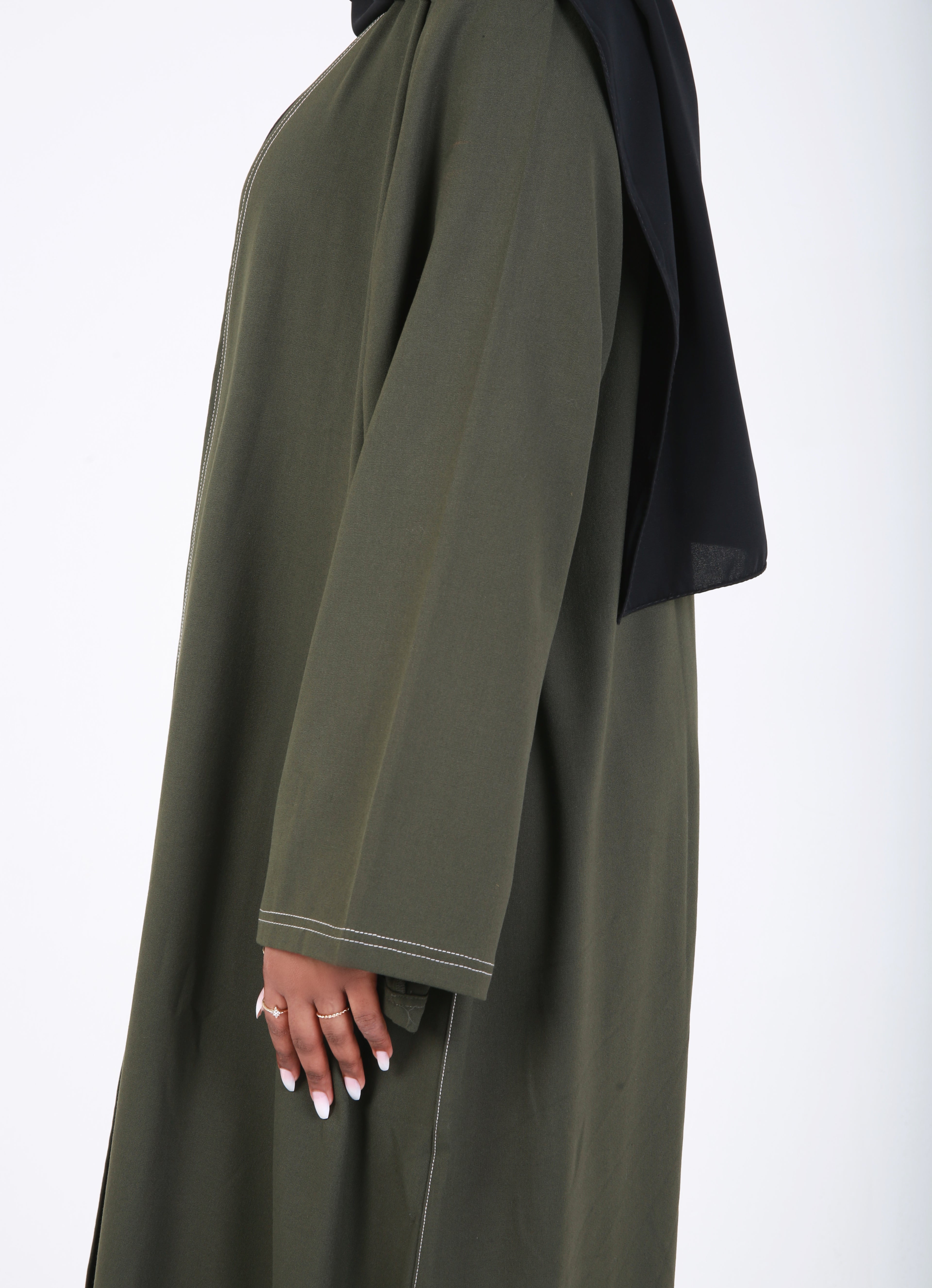 Dark Green Contrast Stitch Open Abaya