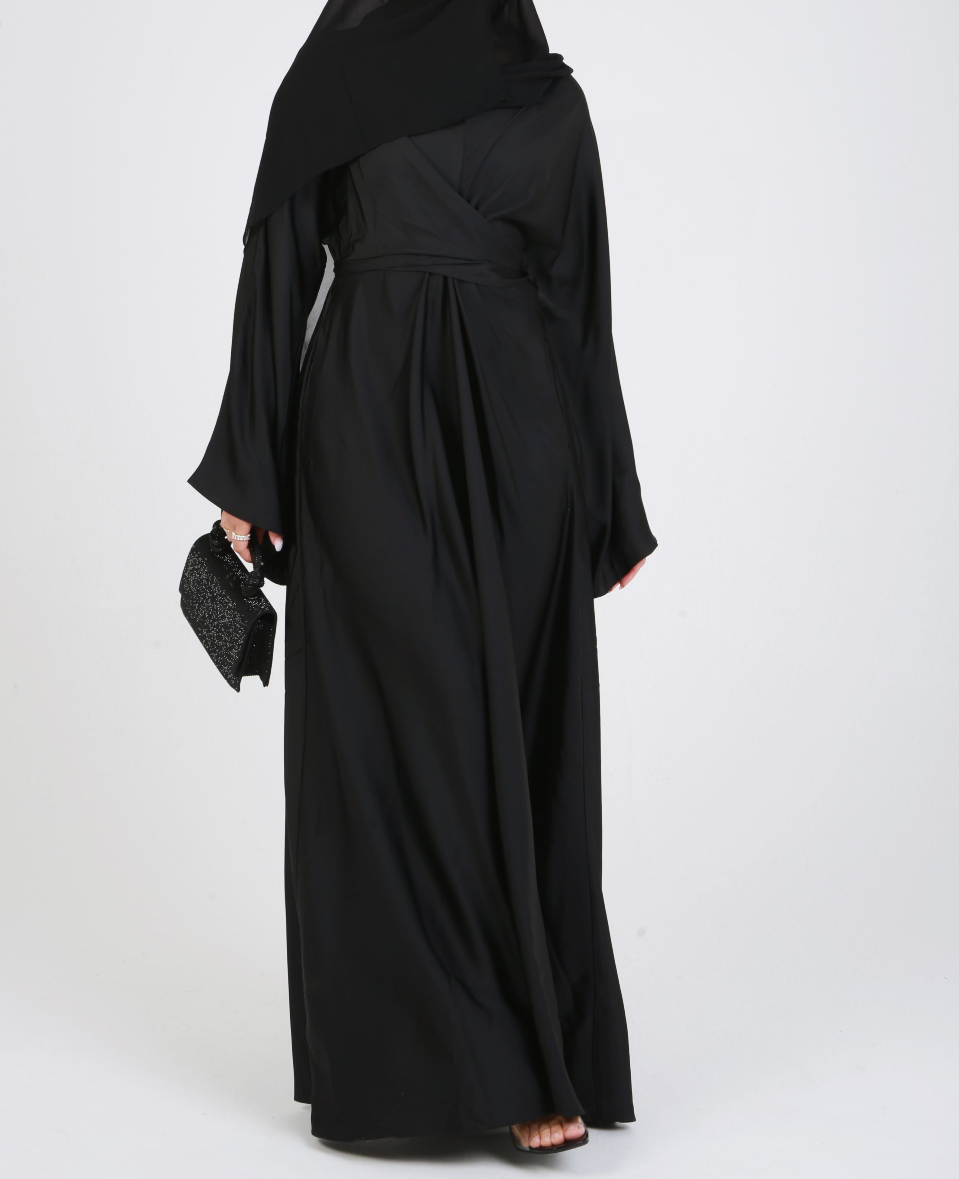 Black Satin Wrap Closed Abaya