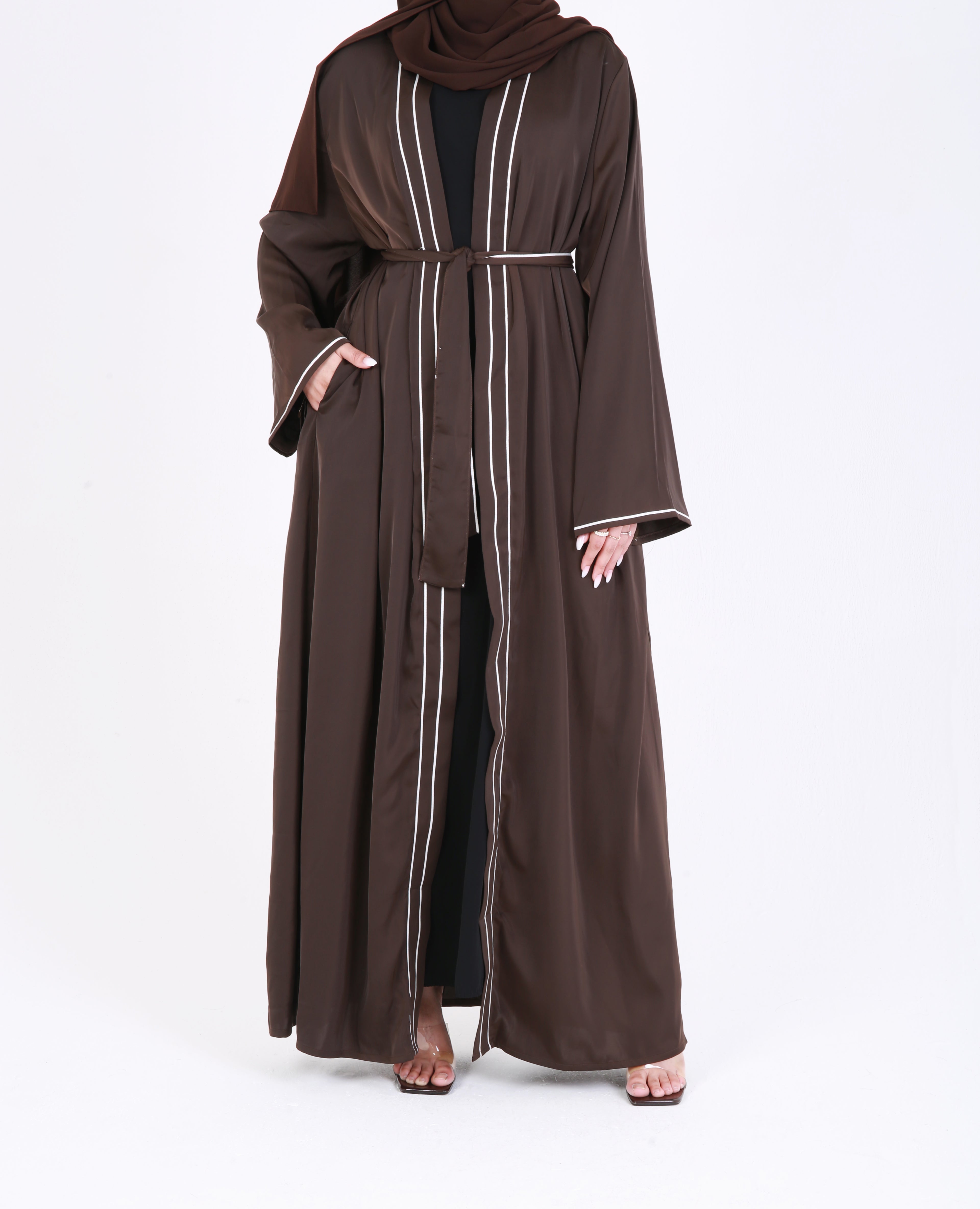 Brown Satin Trim Open Abaya