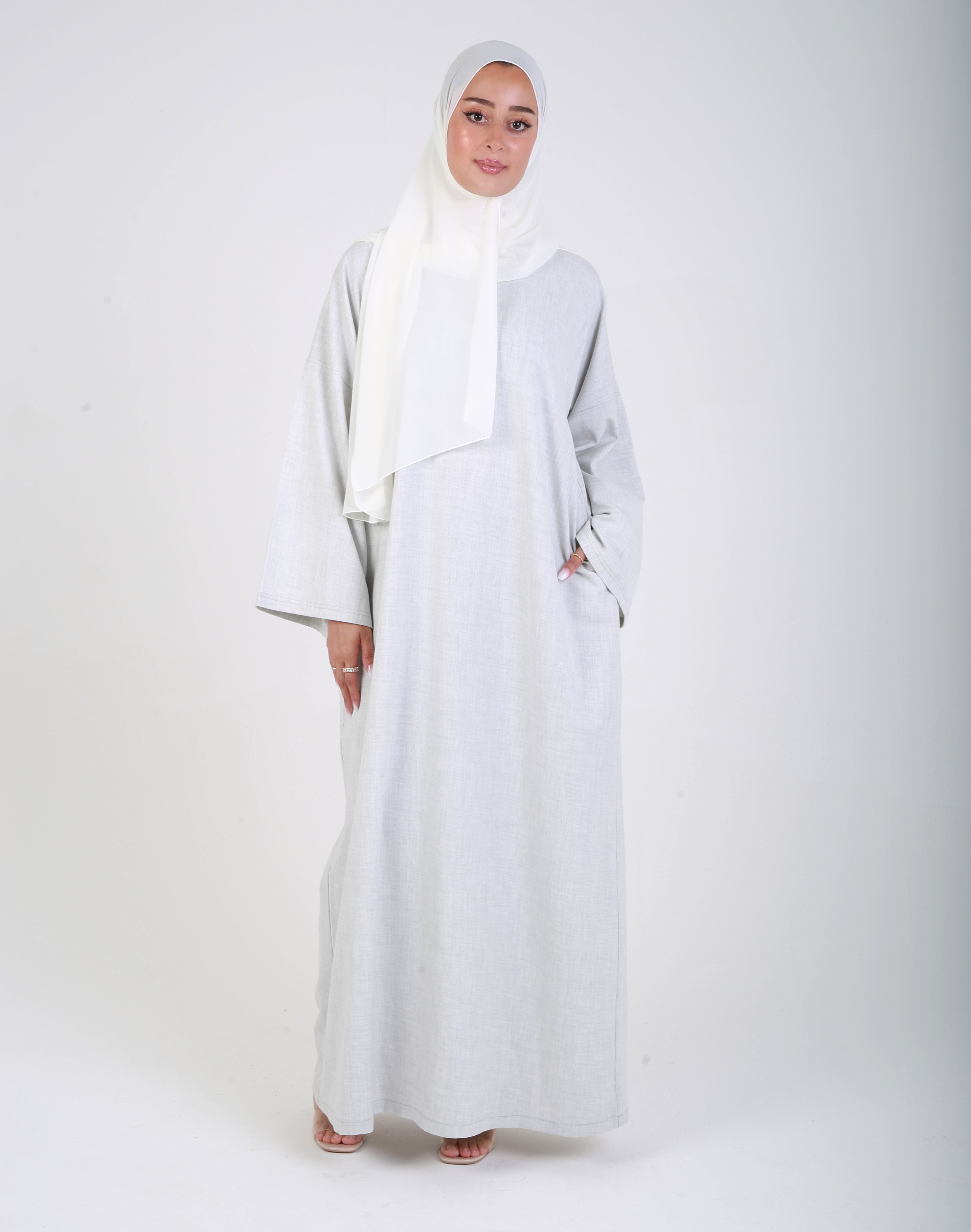 Light Grey Contrast Stitch Closed Abaya