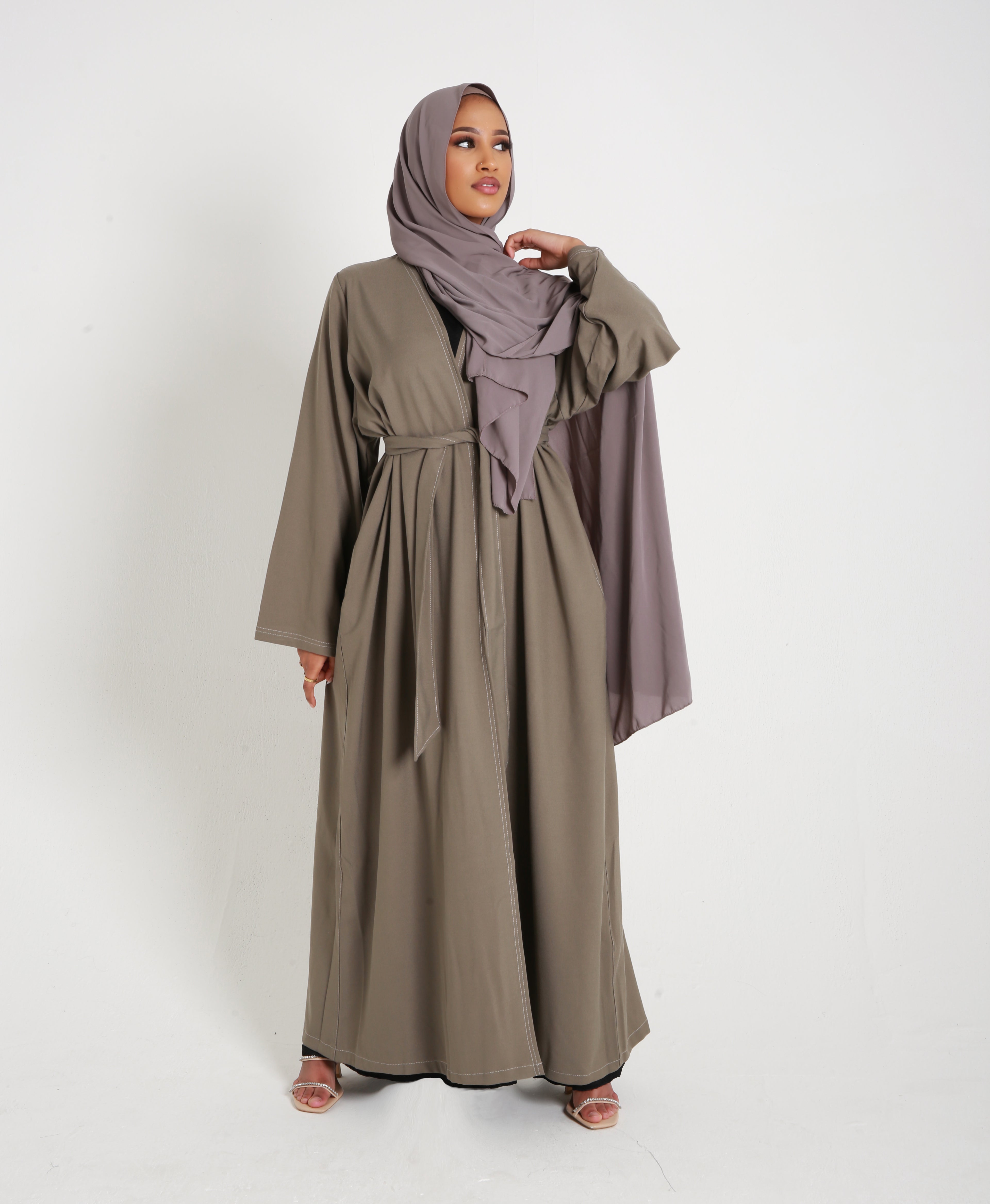 Olive Contrast Stitch Open Abaya