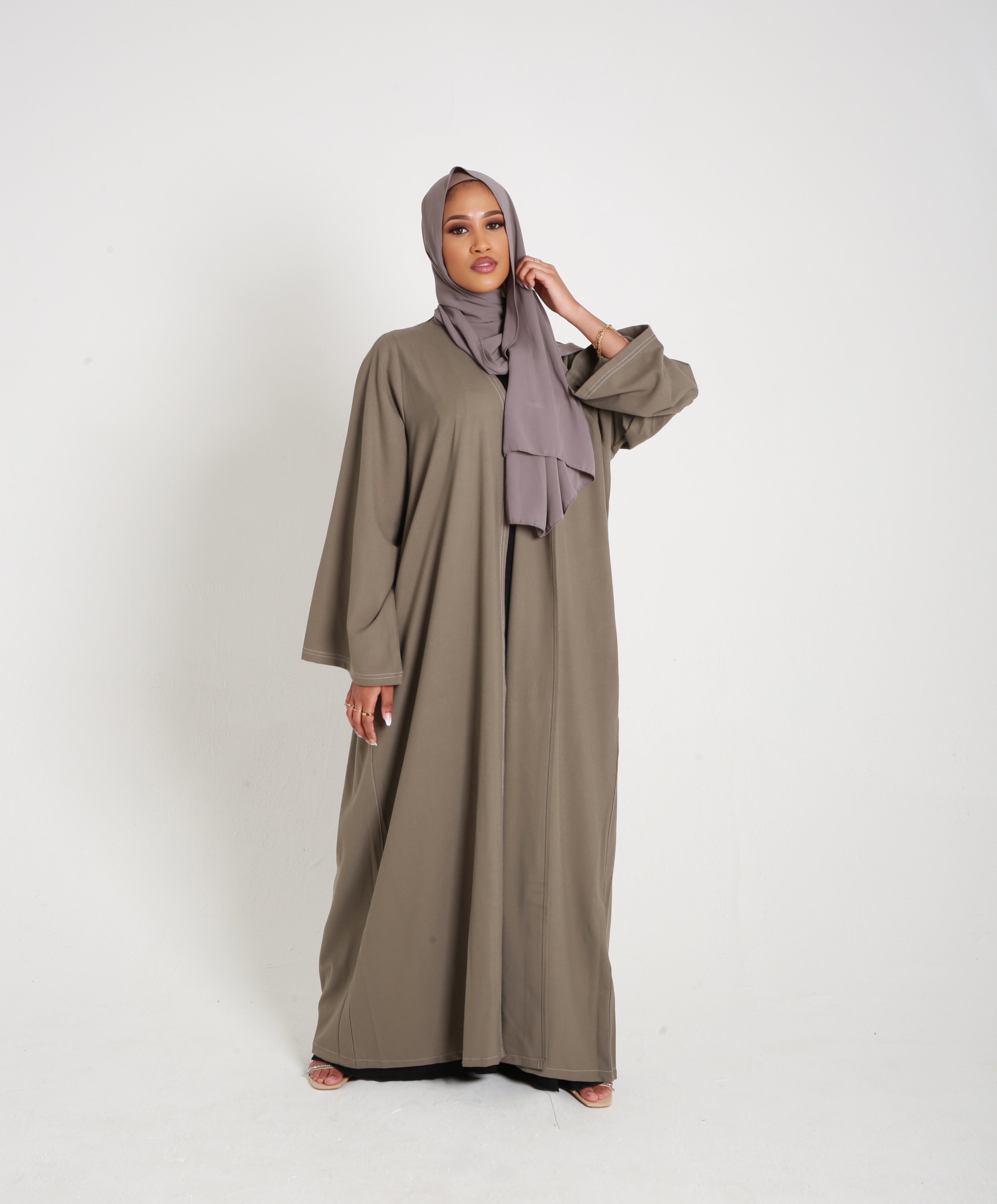 Olive Contrast Stitch Open Abaya