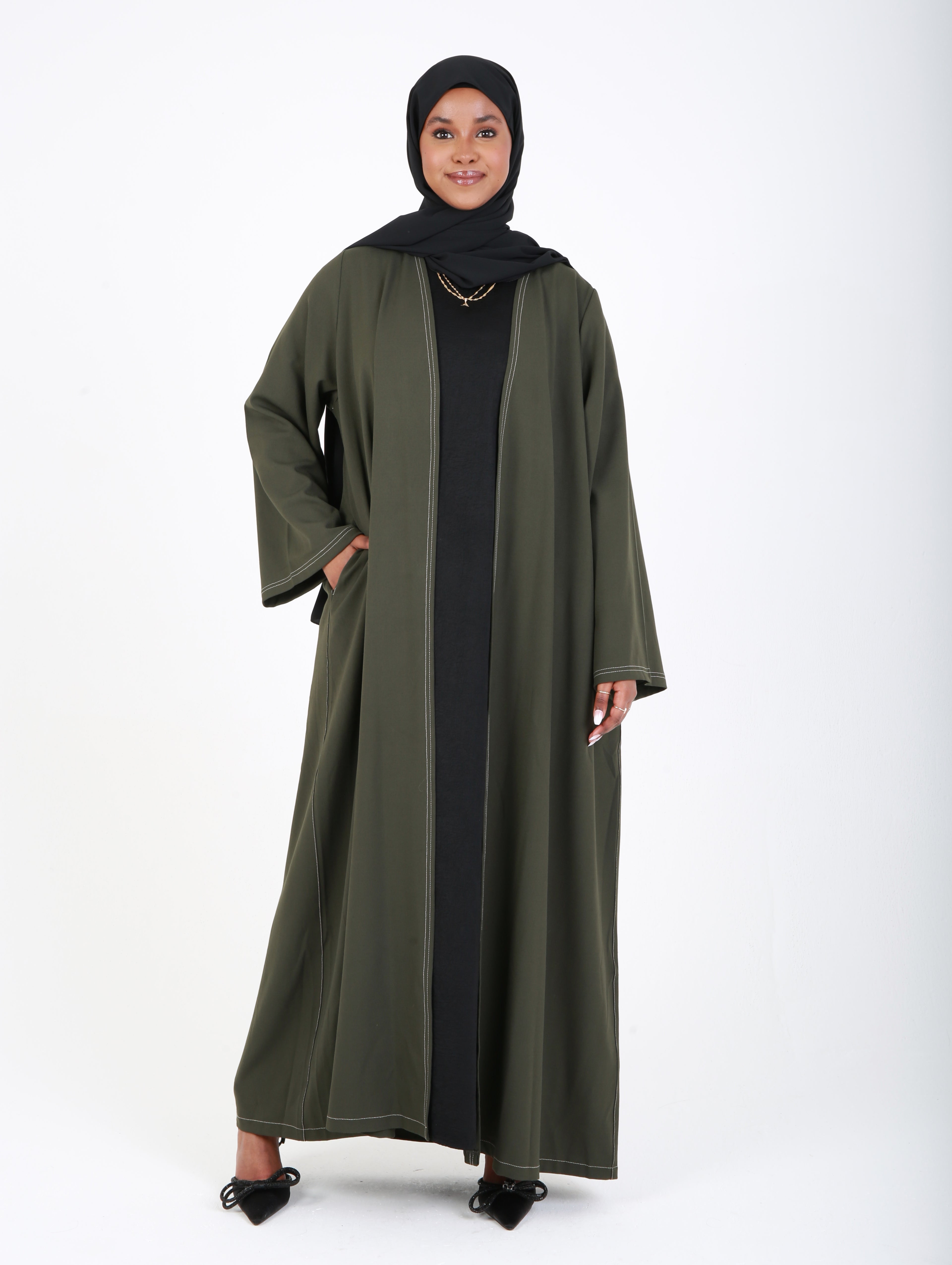 Dark Green Contrast Stitch Open Abaya