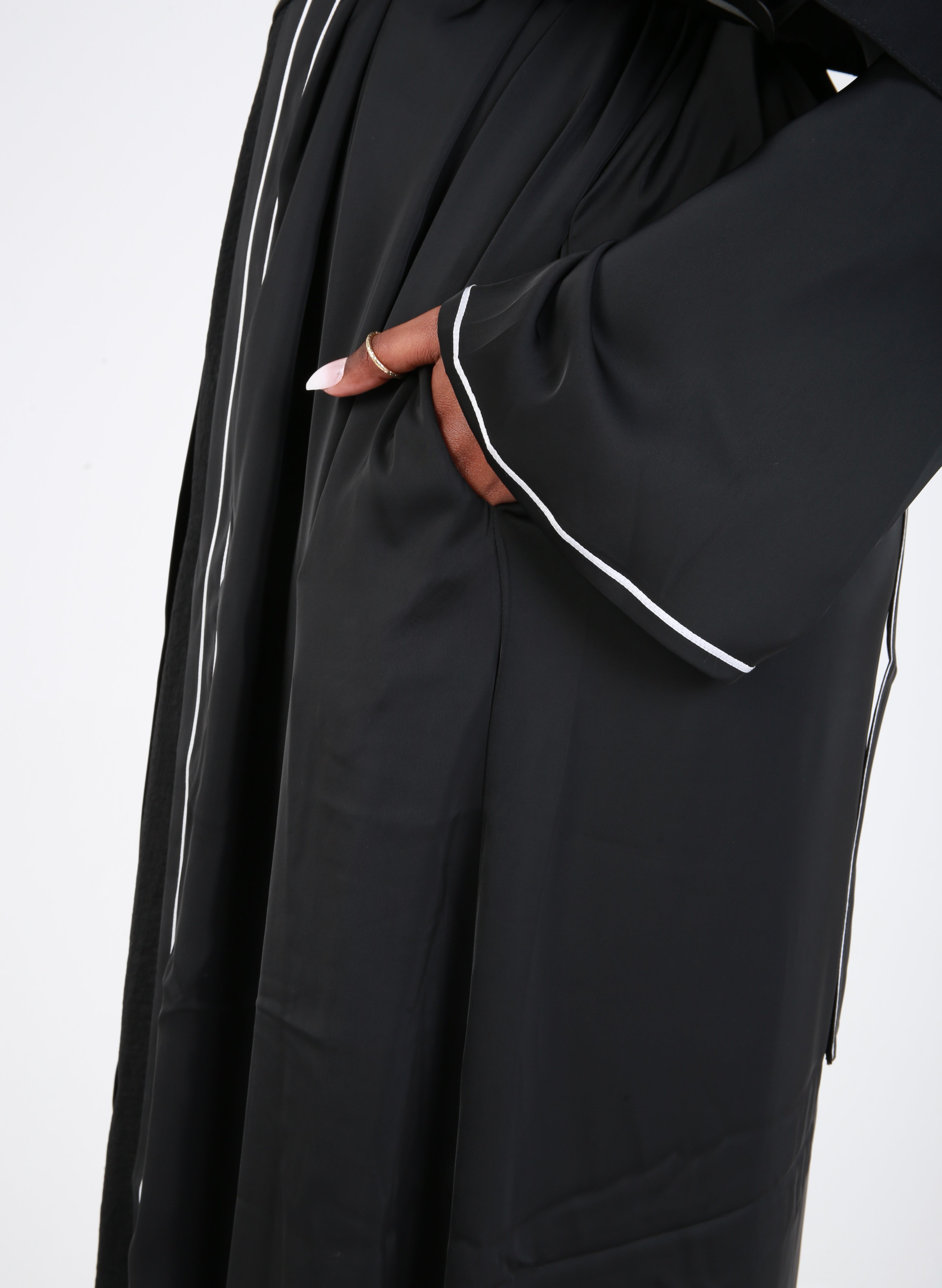 Black Satin Trim Open Abaya