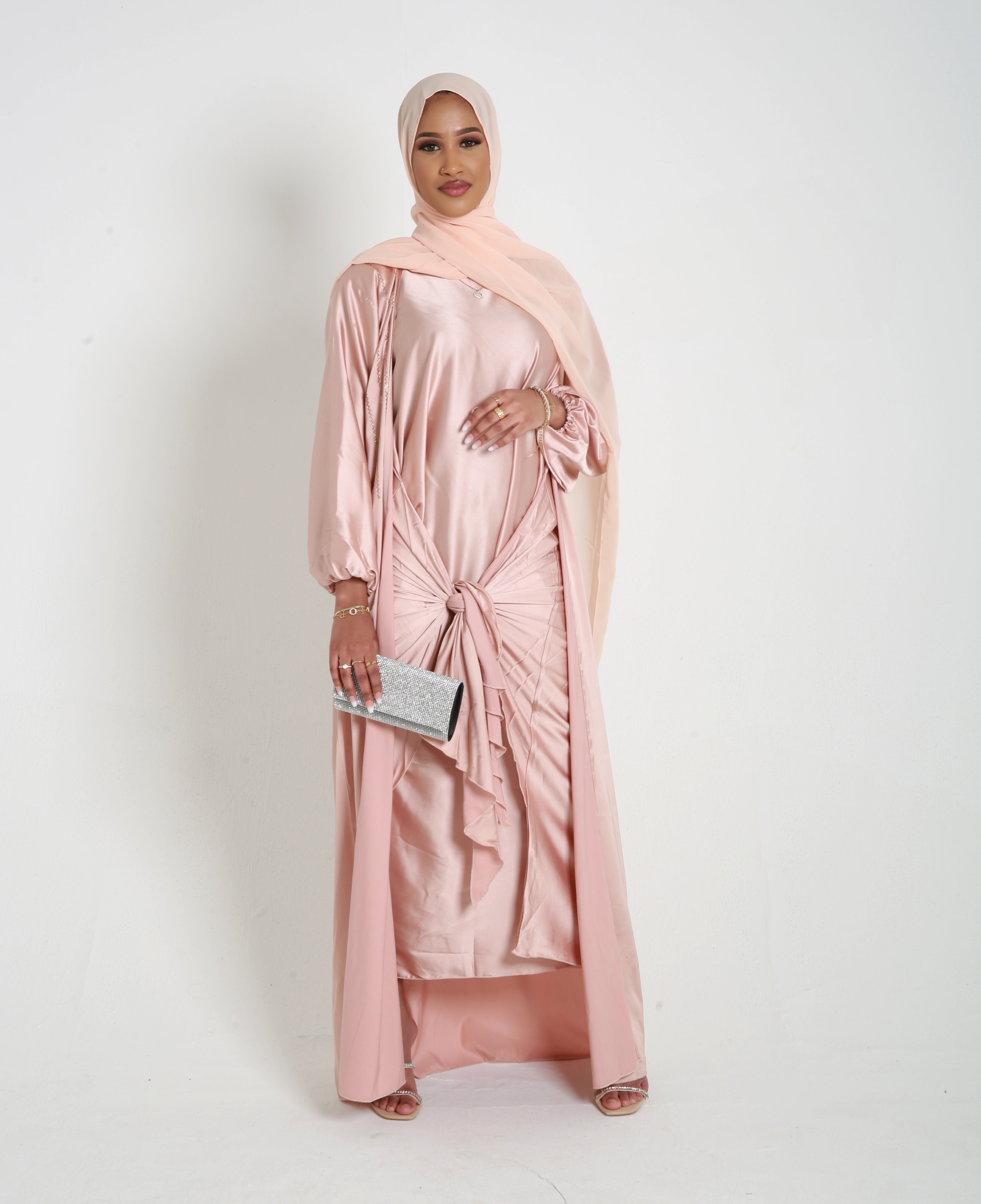 Peach Open Satin Abaya Set