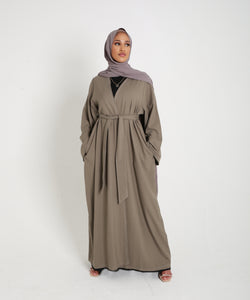 Olive Contrast Stitch Open Abaya