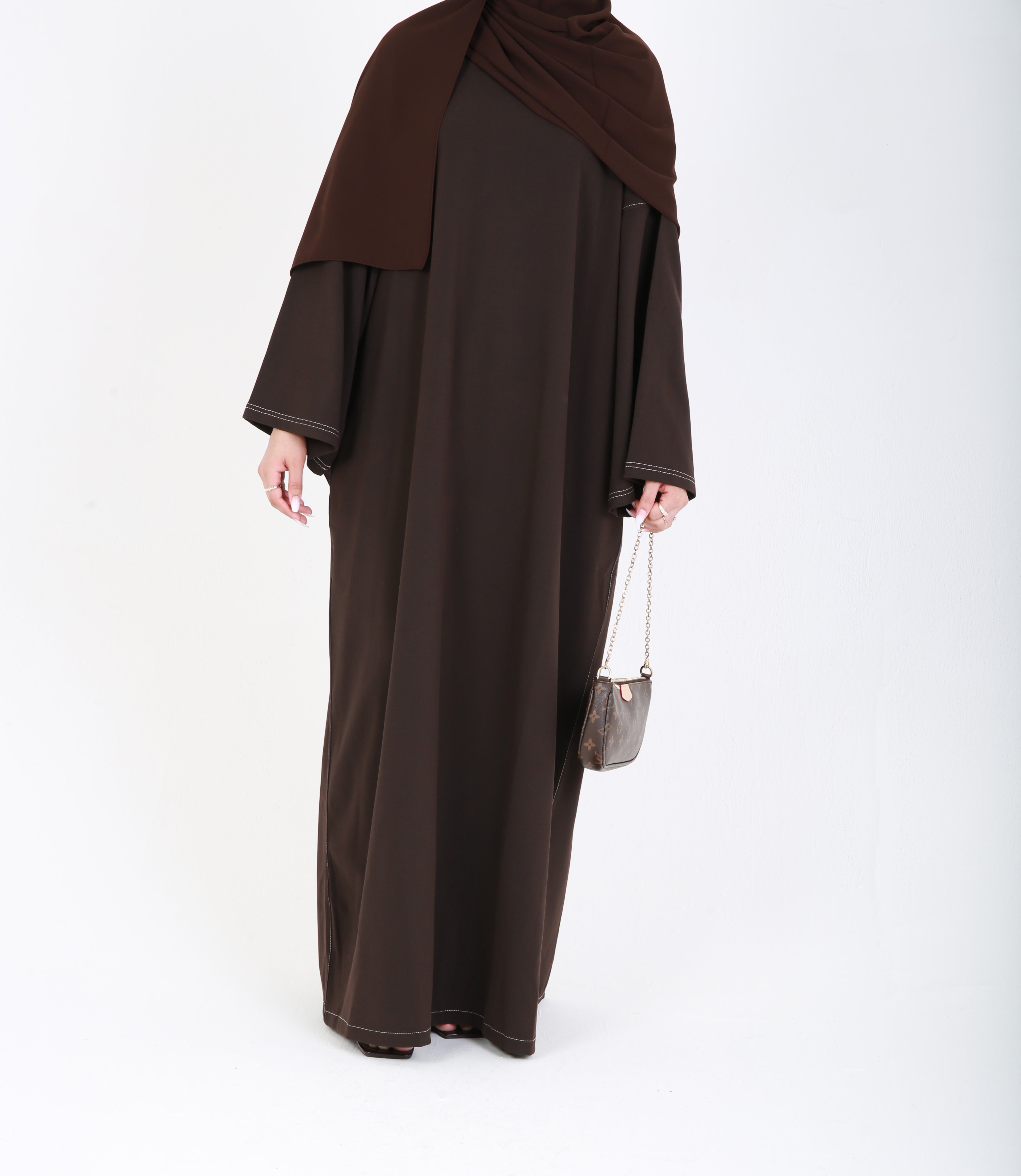 Dark Brown Contrast Stitch Closed Abaya