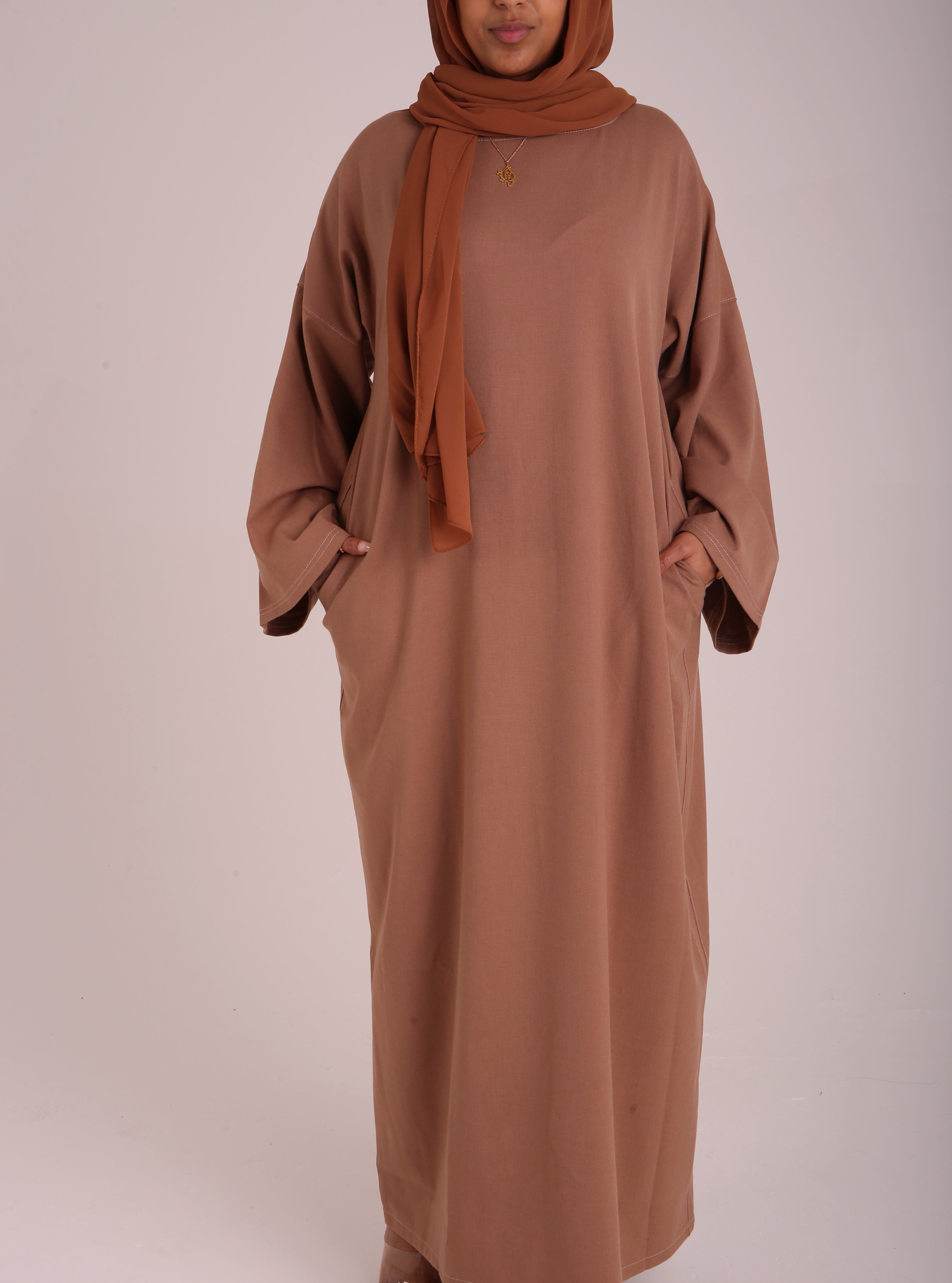 Neutral Brown Contrast Stitch Closed Abaya