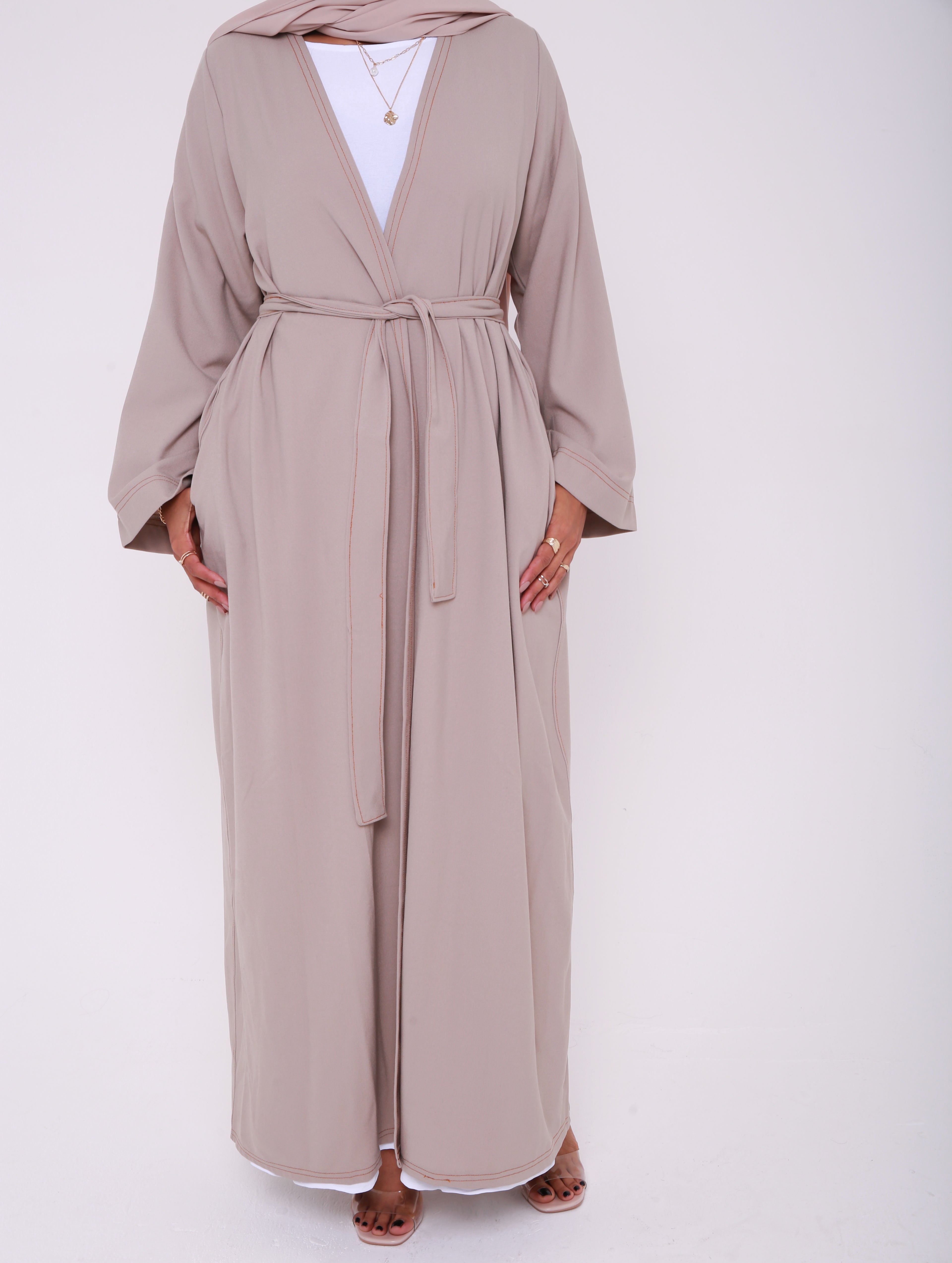 Beige Contrast Stitch Open Abaya