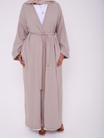 Load image into Gallery viewer, Beige Contrast Stitch Open Abaya
