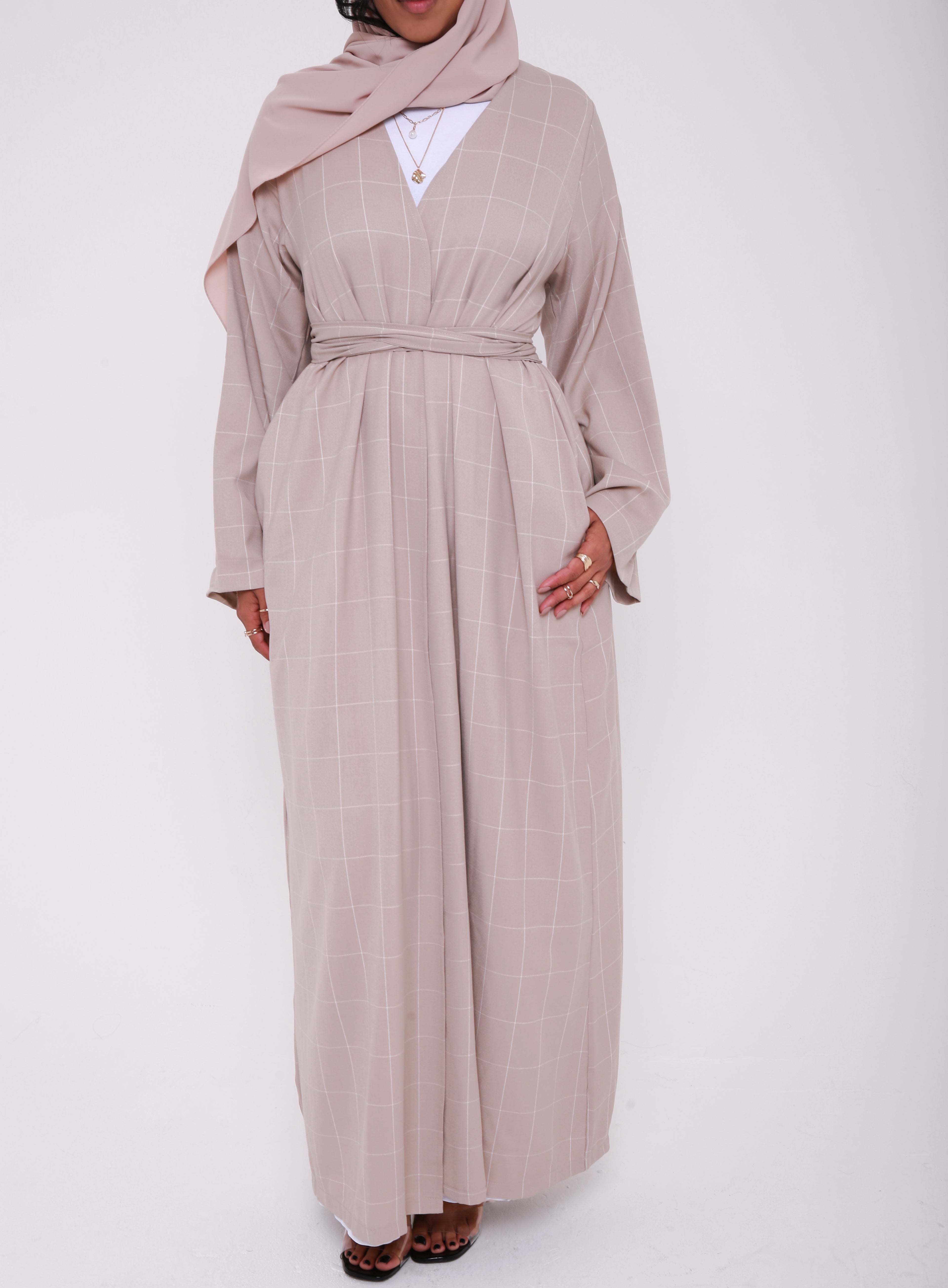 Beige Square Grid Open Abaya